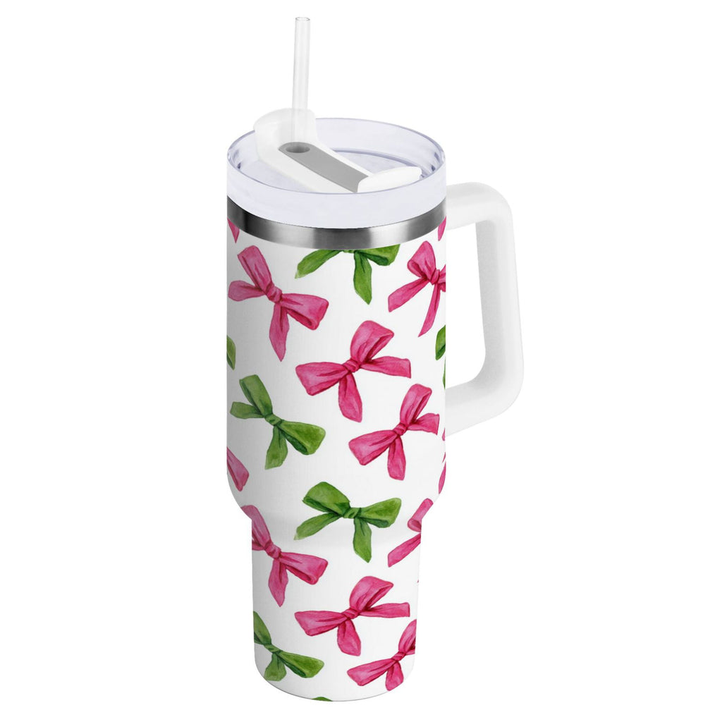 30 oz Insulated Stainless Steel Tumbler Double Wall Stainless Steel Tumbler with 2-Way Drinking Pink Bows and Green Ribbons QIXB
