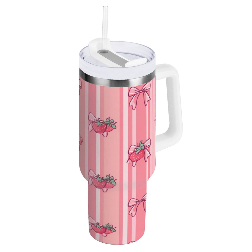30 oz Insulated Stainless Steel Tumbler Double Wall Stainless Steel Tumbler with 2-Way Drinking Pink Bows and Strawberries KRQA