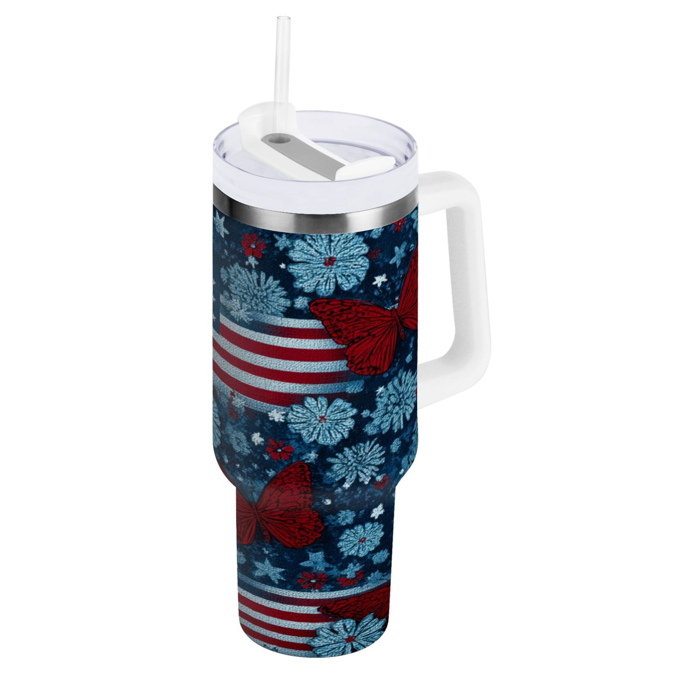 30 oz Insulated Stainless Steel Tumbler Double Wall Stainless Steel Tumbler with 2-Way Drinking Red Butterflies and Flags YLXE