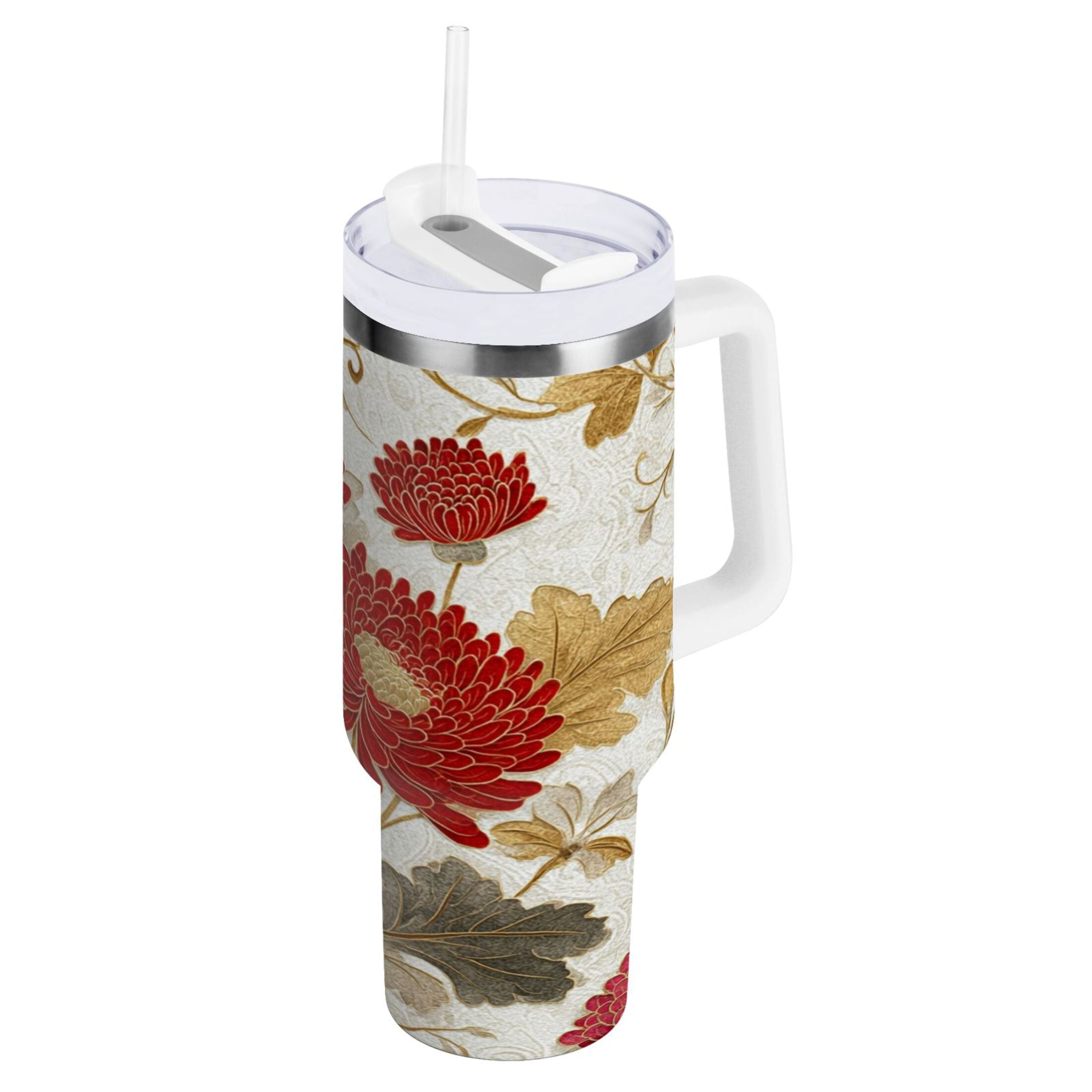 30 oz Insulated Stainless Steel Tumbler Double Wall Stainless Steel Tumbler with 2-Way Drinking Red Chrysanthemum Pattern 77N7