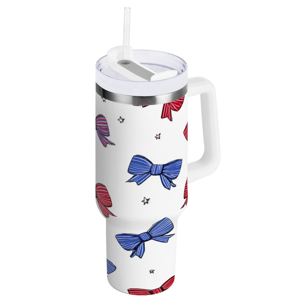30 oz Insulated Stainless Steel Tumbler Double Wall Stainless Steel Tumbler with 2-Way Drinking Red and Blue Stripe Bows F3BC