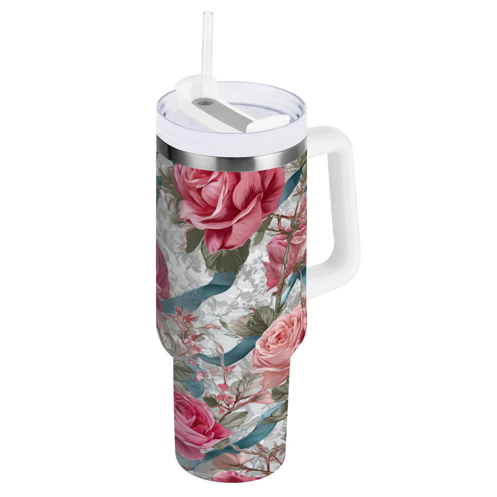 30 oz Insulated Stainless Steel Tumbler Double Wall Stainless Steel Tumbler with 2-Way Drinking Roses and Ribbons R2S9