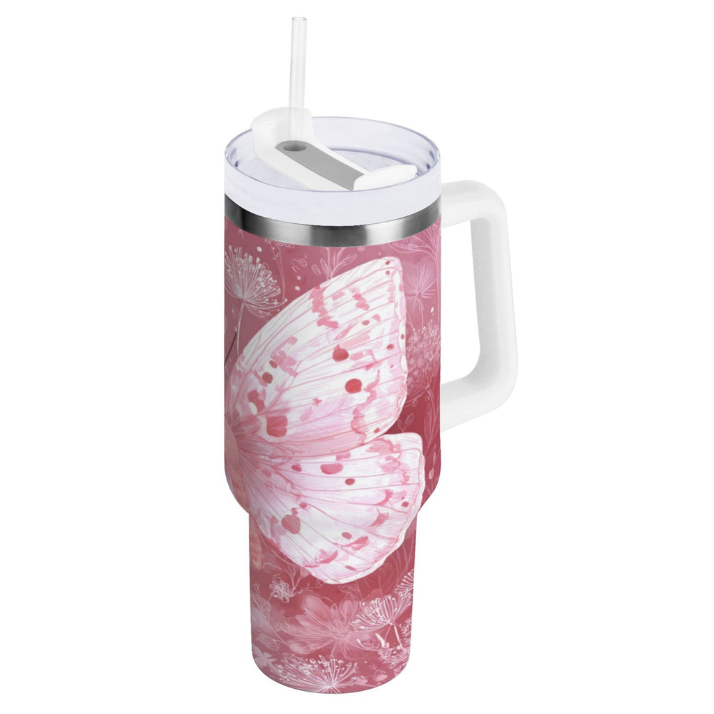 30 oz Insulated Stainless Steel Tumbler Double Wall Stainless Steel Tumbler with 2-Way Drinking Soft Pink Butterfly YX8K