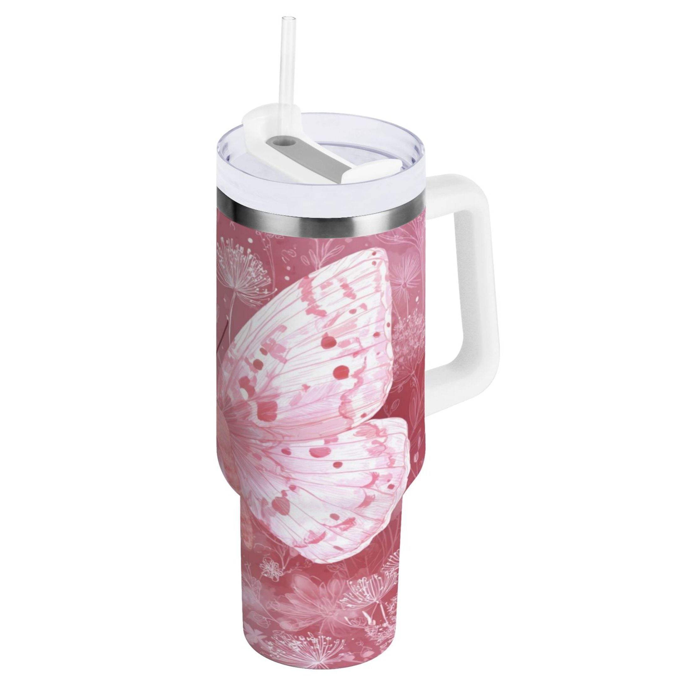 30 oz Insulated Stainless Steel Tumbler Double Wall Stainless Steel Tumbler with 2-Way Drinking Soft Pink Butterfly YX8K
