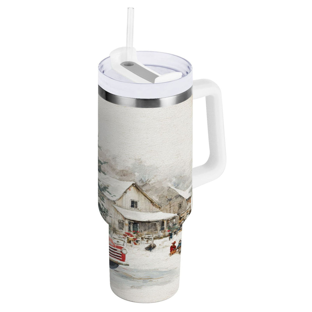 30 oz Insulated Stainless Steel Tumbler Double Wall Stainless Steel Tumbler with 2-Way Drinking Truck with Christmas Decorations TW3N