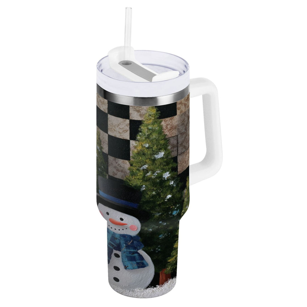 30 oz Insulated Stainless Steel Tumbler Double Wall Stainless Steel Tumbler with 2-Way Drinking Two Snowmen Pattern FL3I