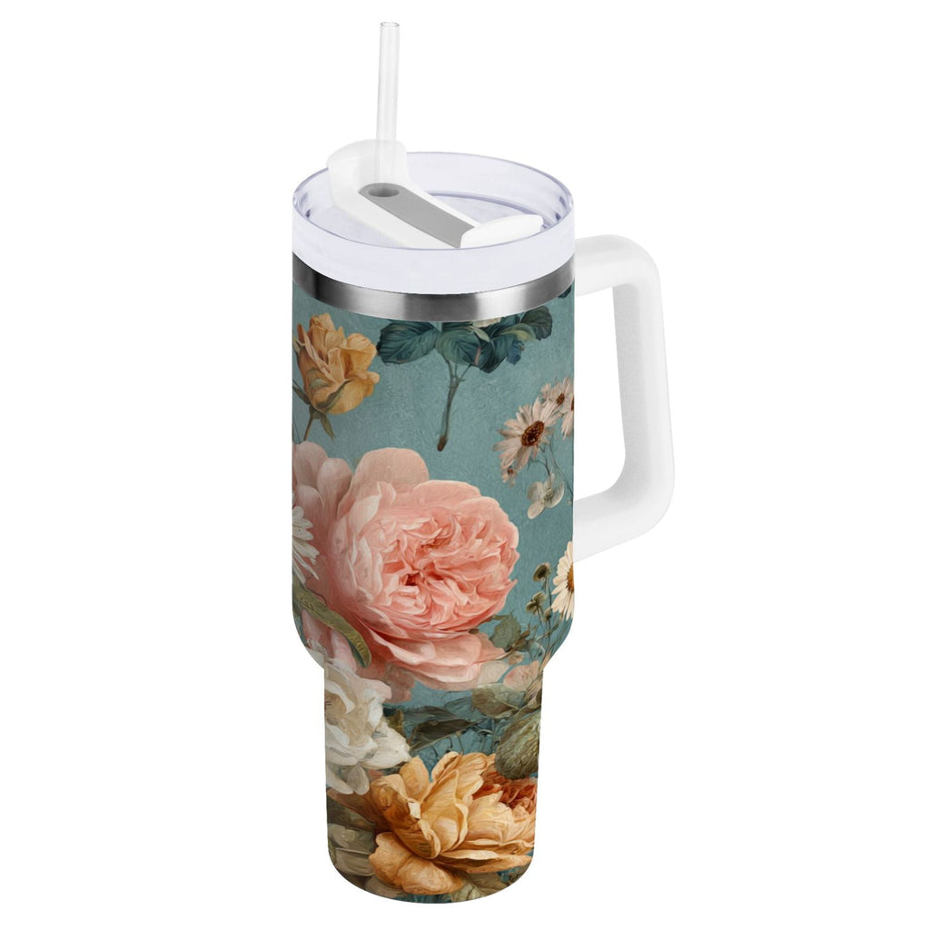 30 oz Insulated Stainless Steel Tumbler Double Wall Stainless Steel Tumbler with 2-Way Drinking Vintage Roses and Peonies OV8B