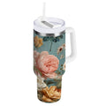 30 oz Insulated Stainless Steel Tumbler Double Wall Stainless Steel Tumbler with 2-Way Drinking Vintage Roses and Peonies OV8B