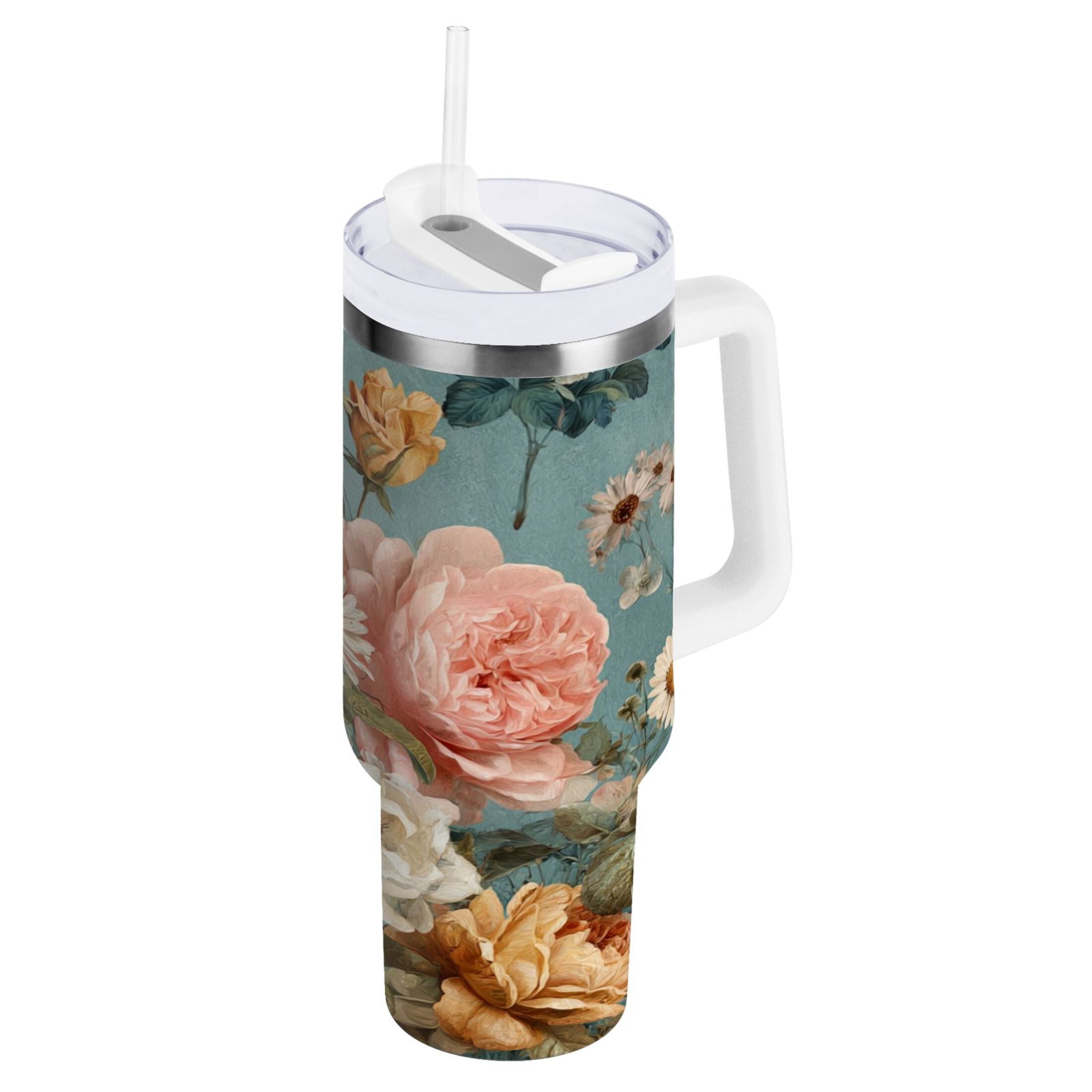 30 oz Insulated Stainless Steel Tumbler Double Wall Stainless Steel Tumbler with 2-Way Drinking Vintage Roses and Peonies OV8B