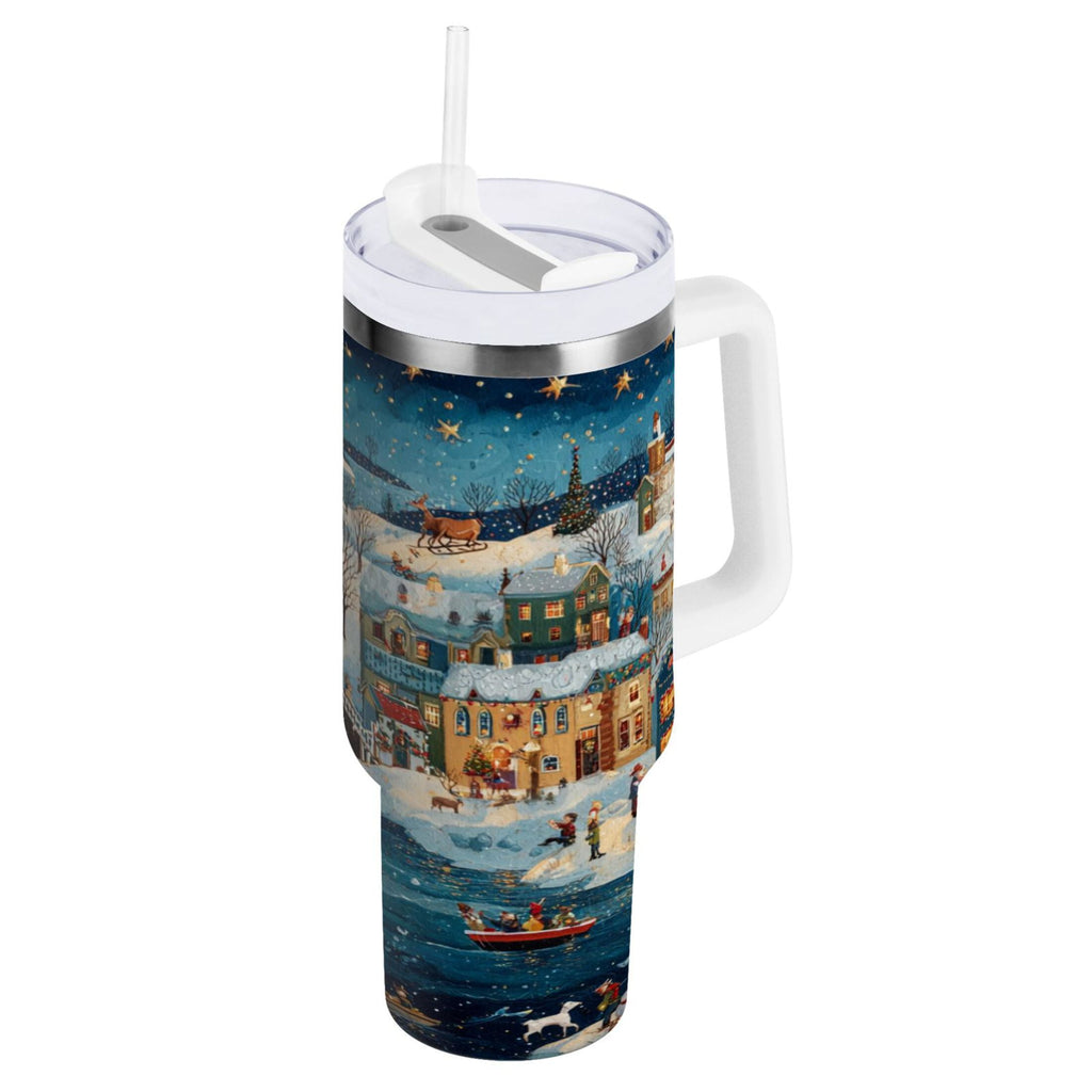 30 oz Insulated Stainless Steel Tumbler Double Wall Stainless Steel Tumbler with 2-Way Drinking Whimsical Christmas Scene MB59