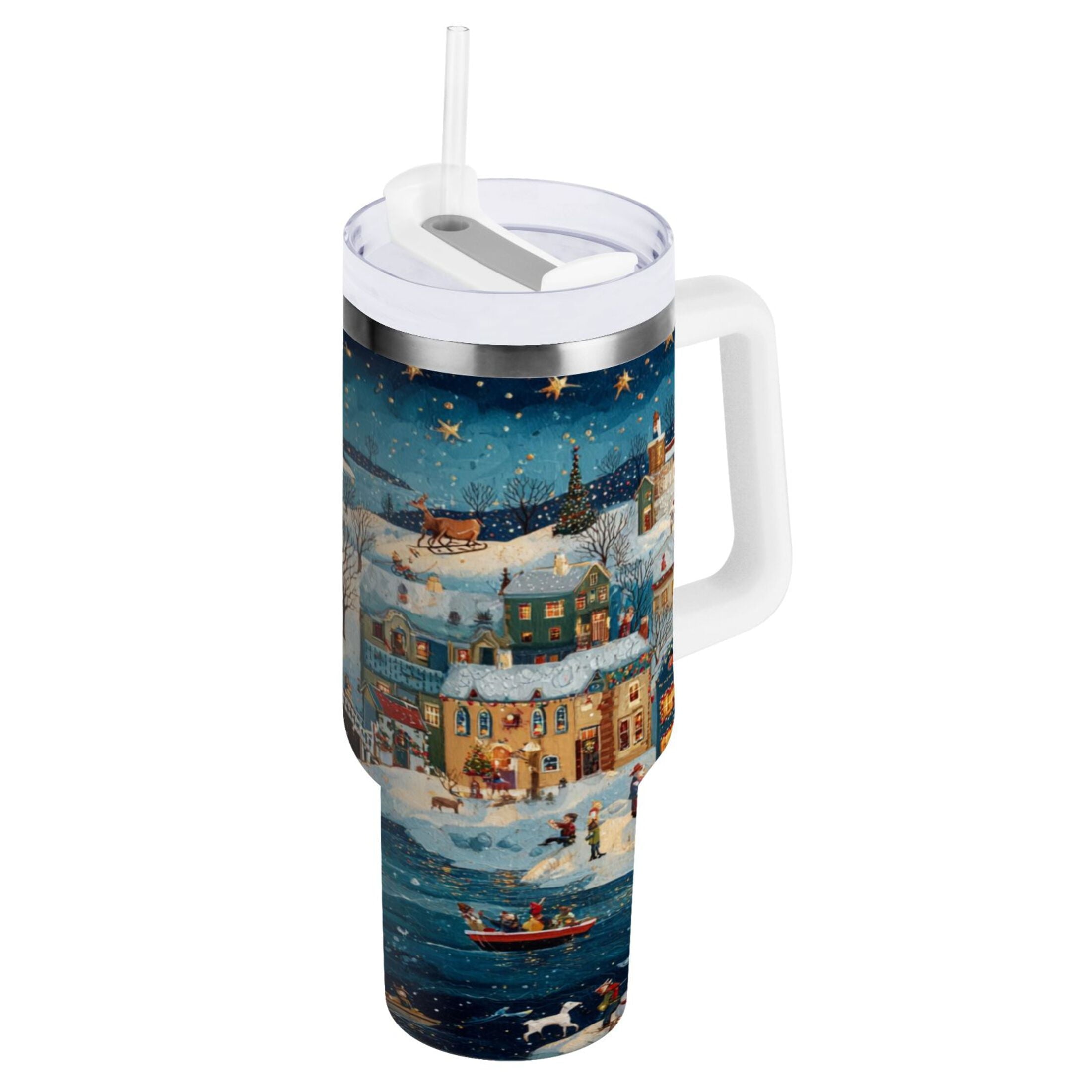 30 oz Insulated Stainless Steel Tumbler Double Wall Stainless Steel Tumbler with 2-Way Drinking Whimsical Christmas Scene MB59