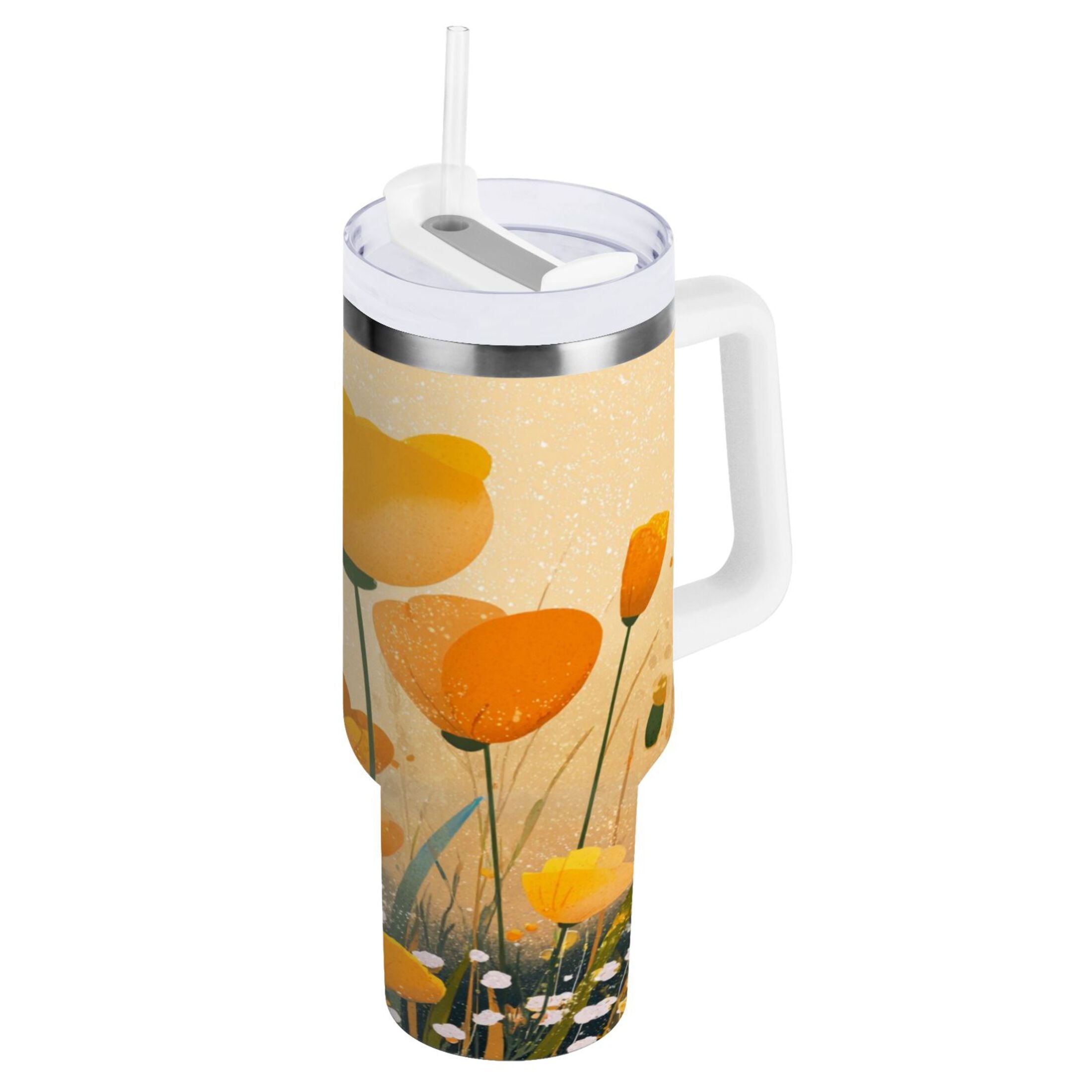 30 oz Insulated Stainless Steel Tumbler Double Wall Stainless Steel Tumbler with 2-Way Drinking Yellow Flowers on The Grass 3AFR