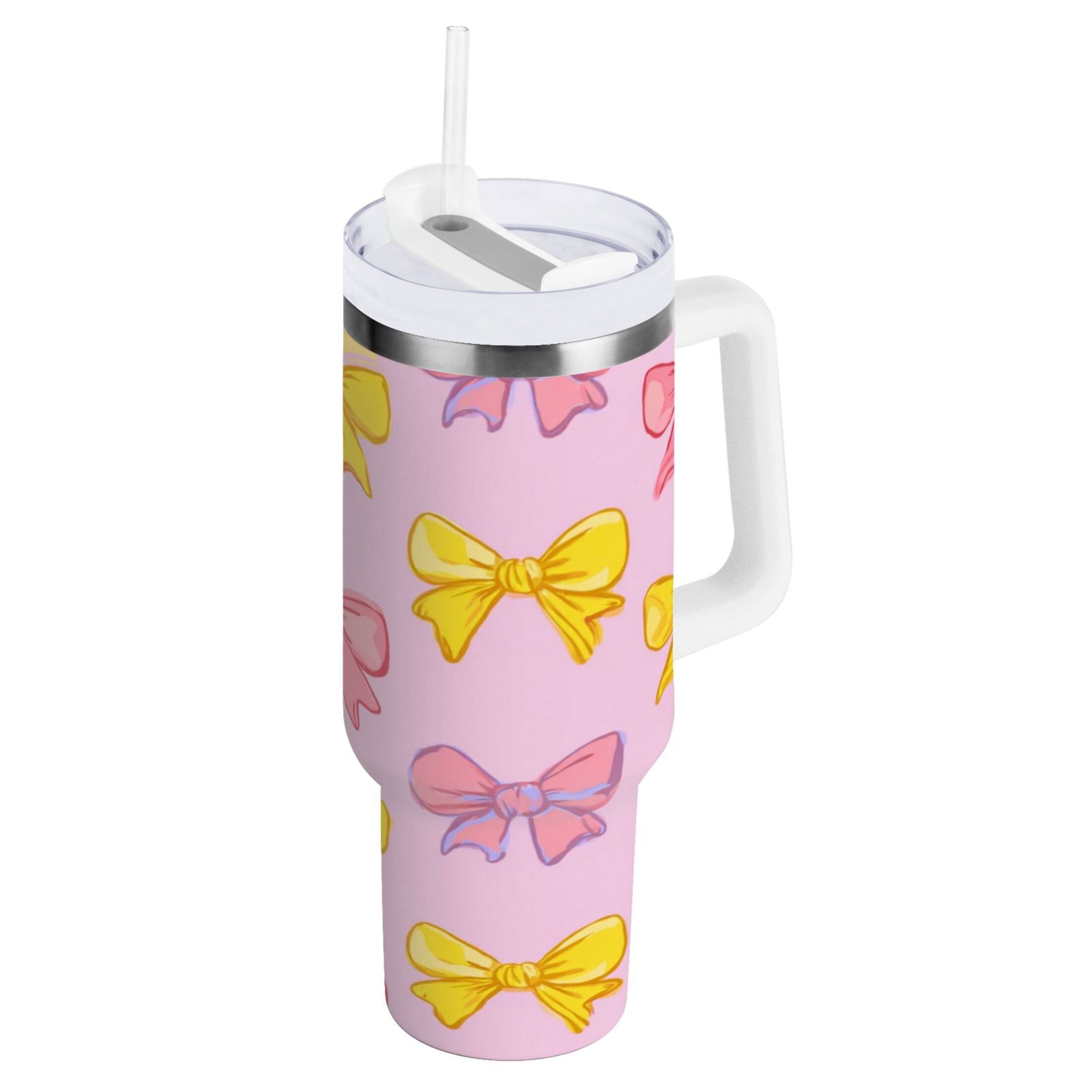 30 oz Insulated Stainless Steel Tumbler Double Wall Stainless Steel Tumbler with 2-Way Drinking Yellow and Pink Bows RW6H