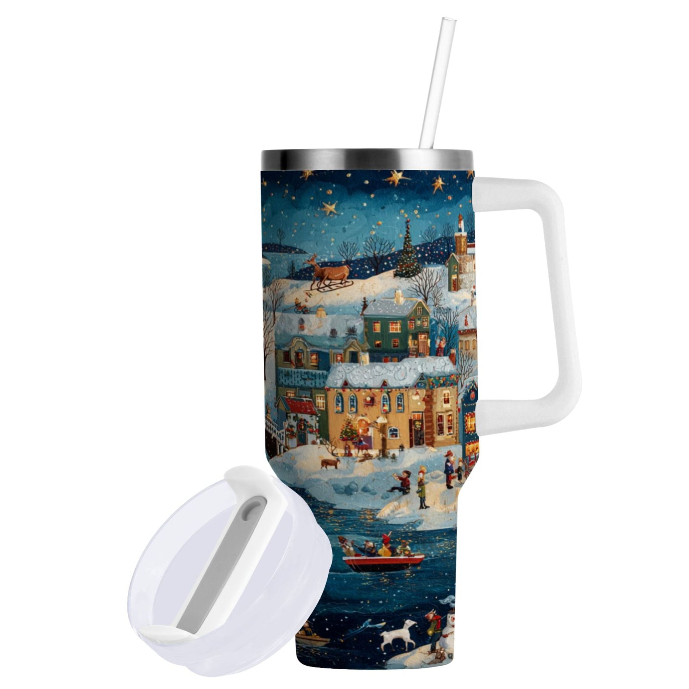 30 oz Insulated Stainless Steel Tumbler Double Wall Stainless Steel Tumbler with 2-Way Drinking Whimsical Christmas Scene MB59