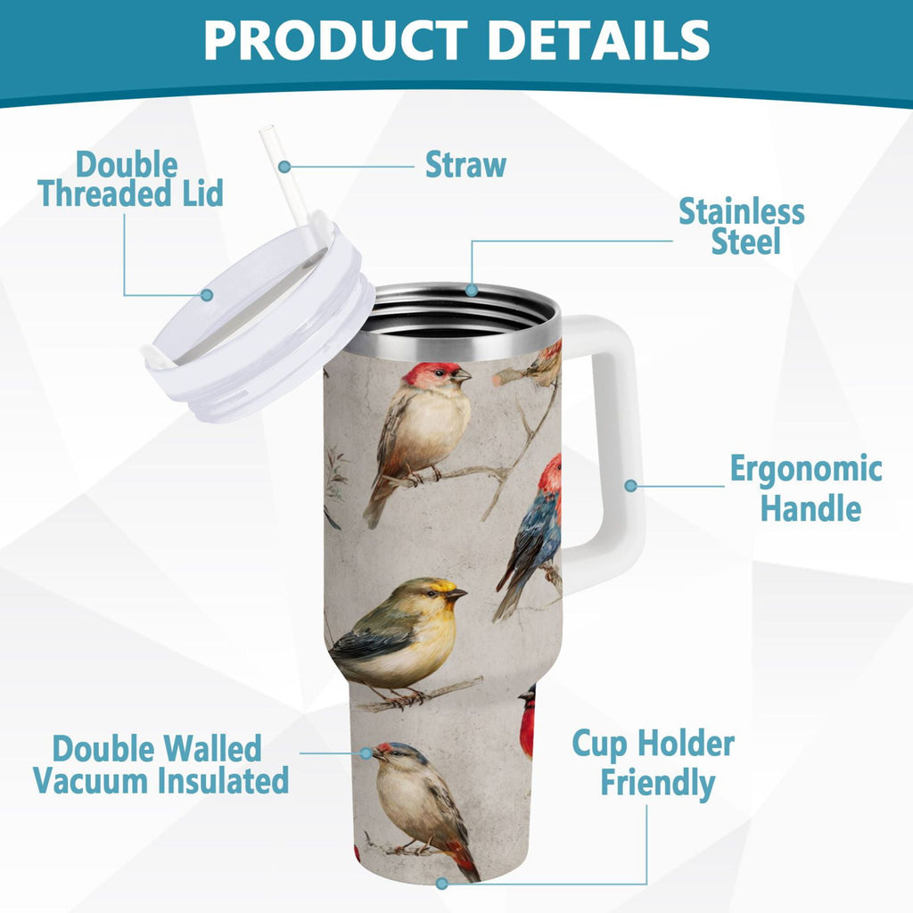 40 oz Insulated Stainless Steel Tumbler Double Wall Stainless Steel Tumbler with 2-Way Drinking Birds Pattern E1TV