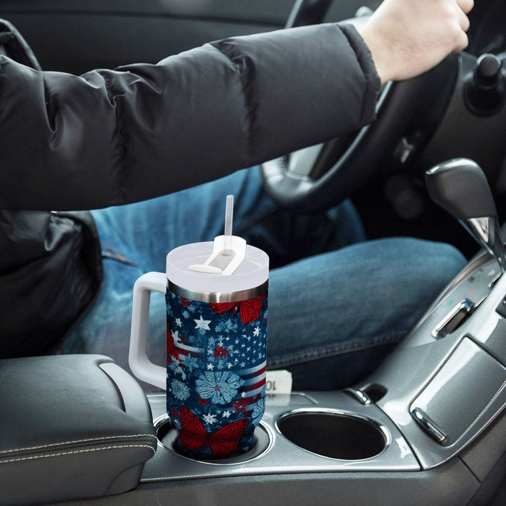 30 oz Insulated Stainless Steel Tumbler Double Wall Stainless Steel Tumbler with 2-Way Drinking Red Butterflies and Flags YLXE