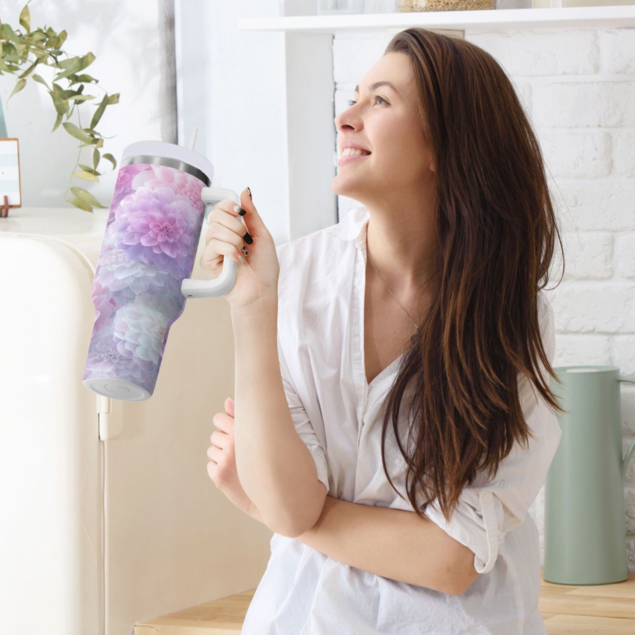 30 oz Insulated Stainless Steel Tumbler Double Wall Stainless Steel Tumbler with 2-Way Drinking Cute Pastel Watercolor Floral 4SBH