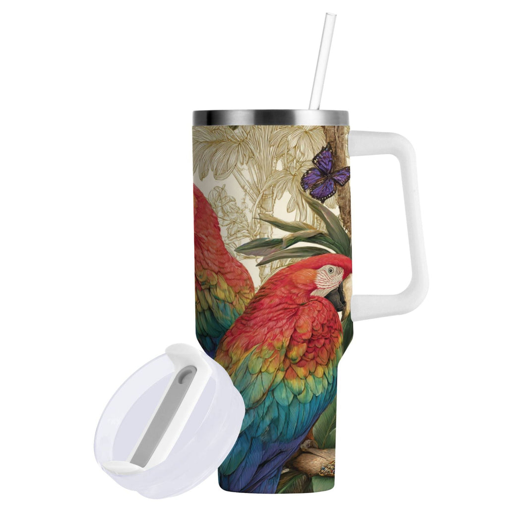 30 oz Insulated Stainless Steel Tumbler Double Wall Stainless Steel Tumbler with 2-Way Drinking Colorful Beautiful Parrots TFBZ