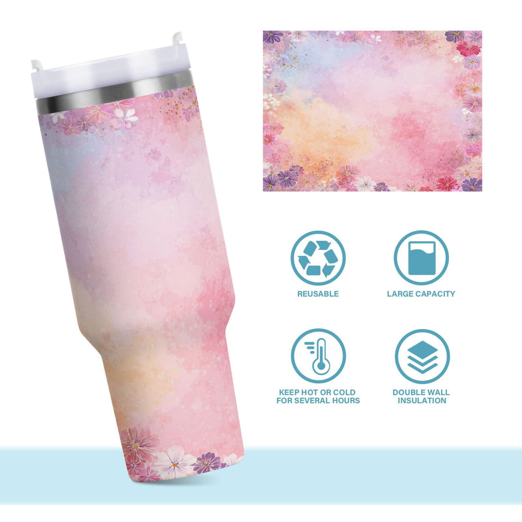 30 oz Insulated Stainless Steel Tumbler Double Wall Stainless Steel Tumbler with 2-Way Drinking Colorful Pastel Floral Pattern R0CV