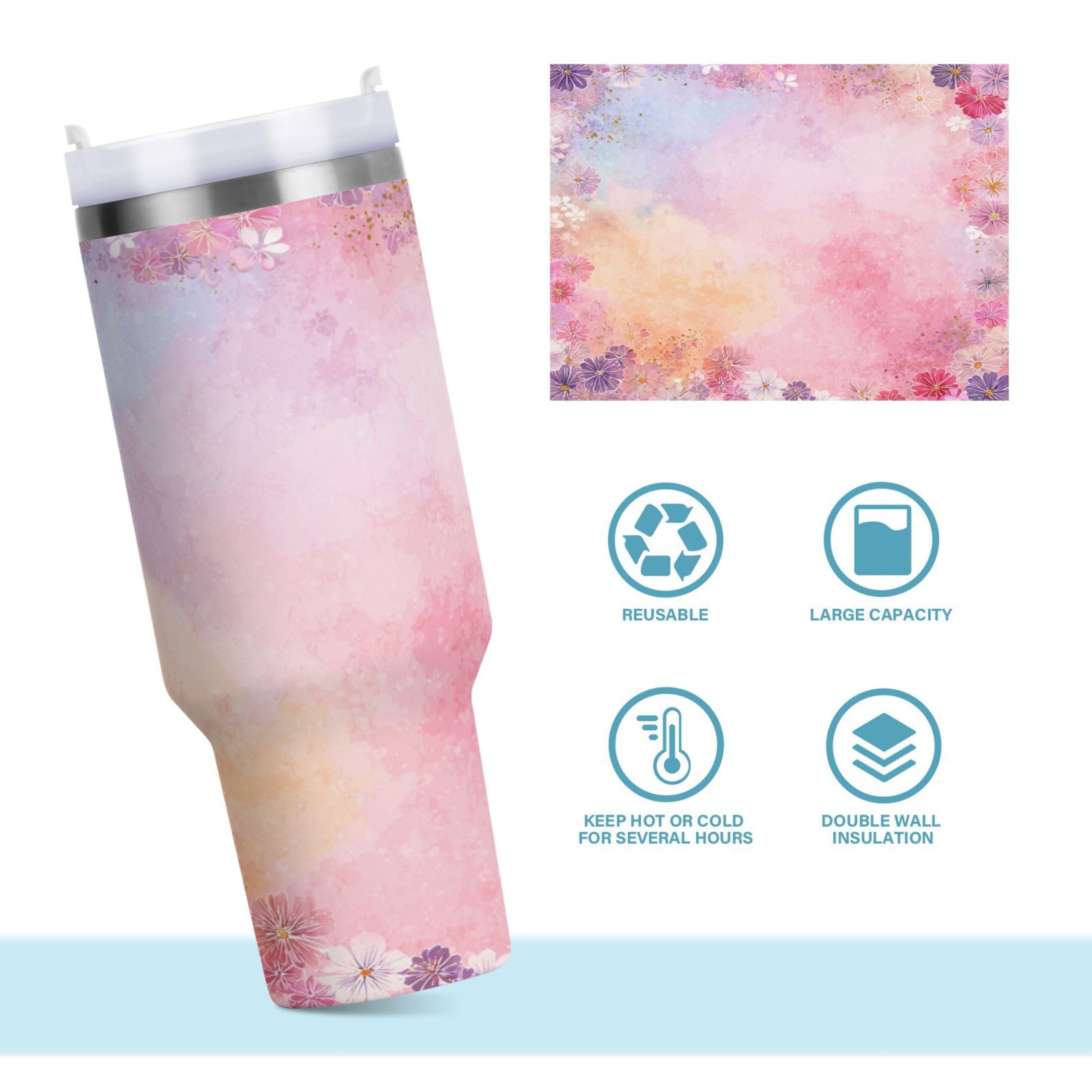 30 oz Insulated Stainless Steel Tumbler Double Wall Stainless Steel Tumbler with 2-Way Drinking Colorful Pastel Floral Pattern R0CV