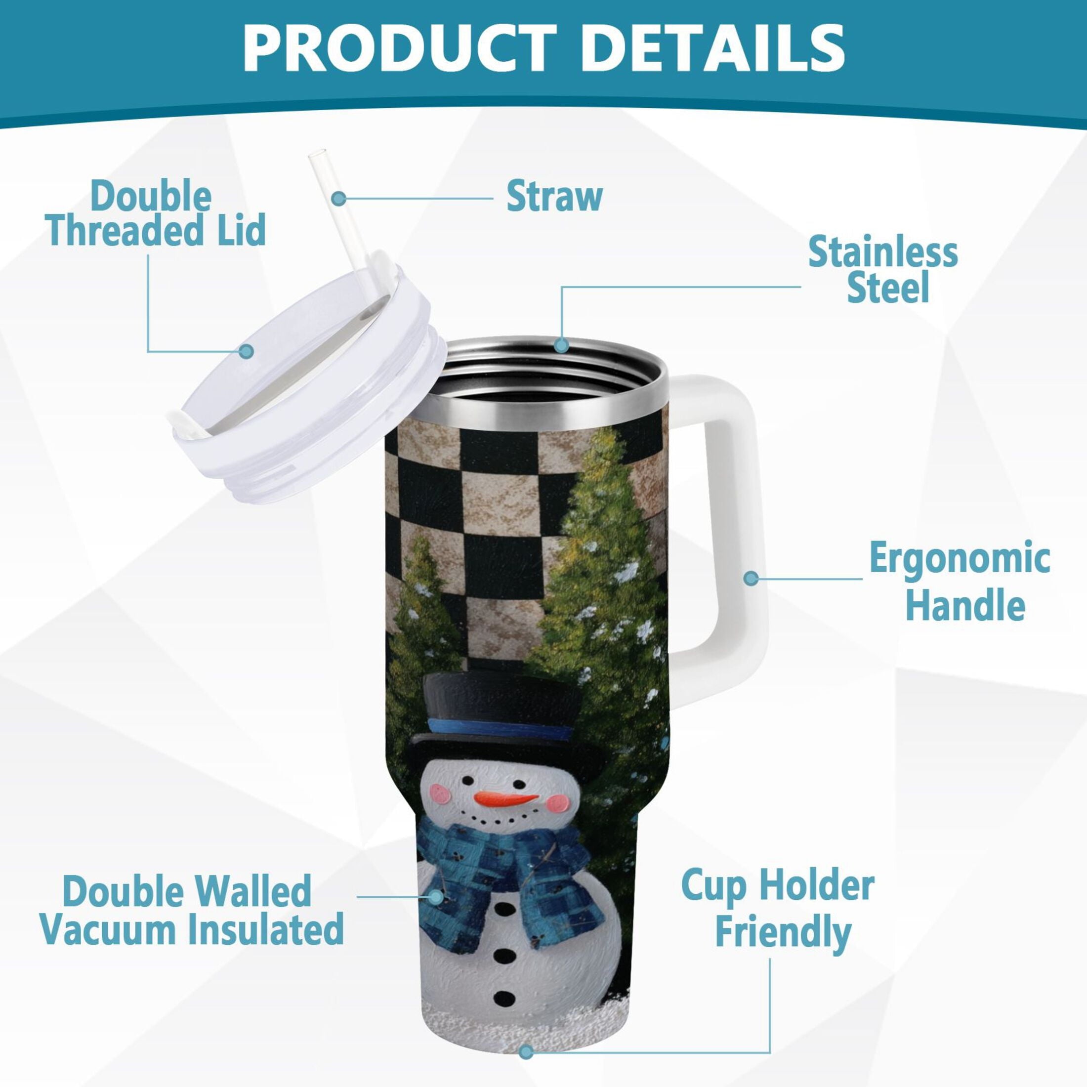 30 oz Insulated Stainless Steel Tumbler Double Wall Stainless Steel Tumbler with 2-Way Drinking Two Snowmen Pattern FL3I