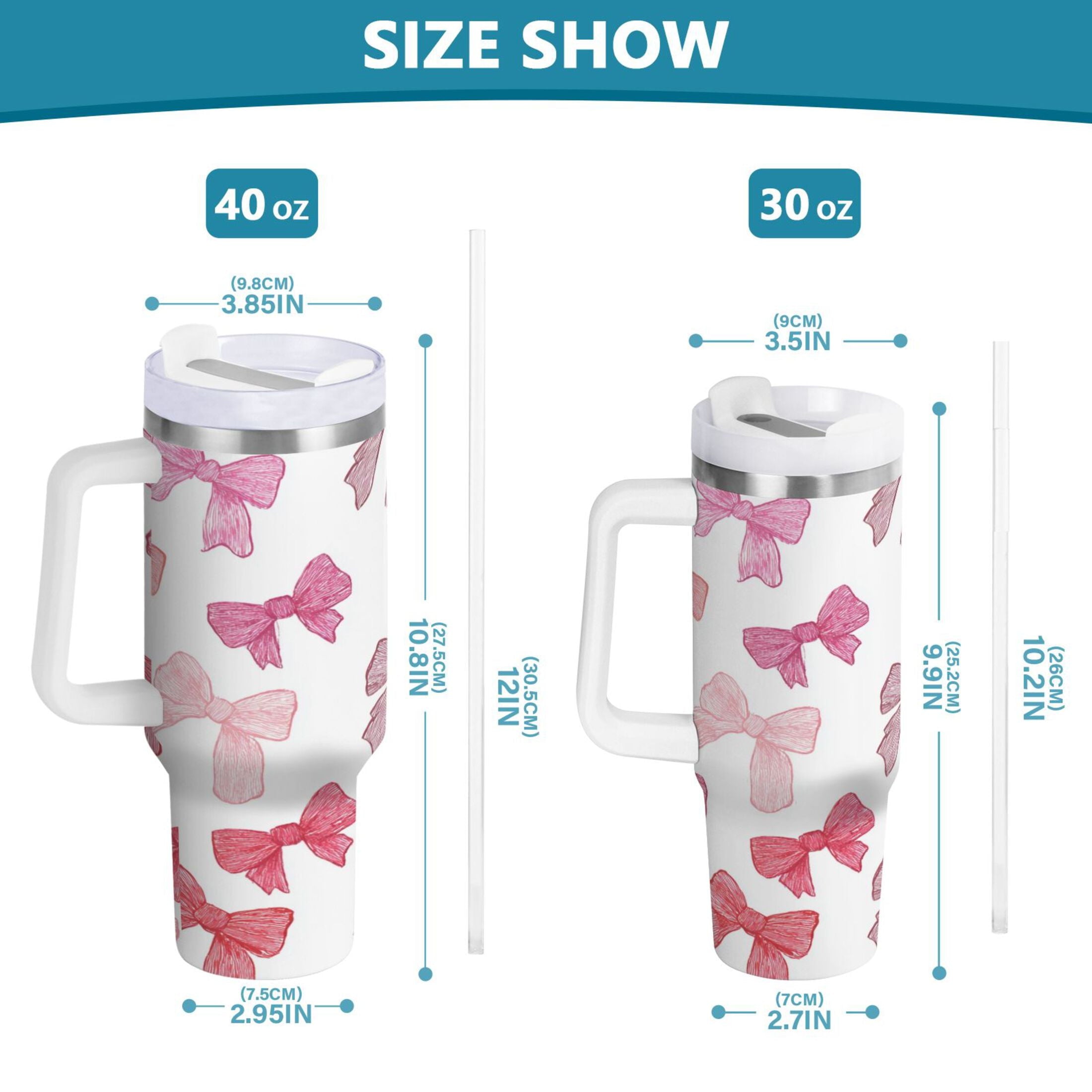 40 oz Insulated Stainless Steel Tumbler Double Wall Stainless Steel Tumbler with 2-Way Drinking Pink Bows Pattern ZVTD