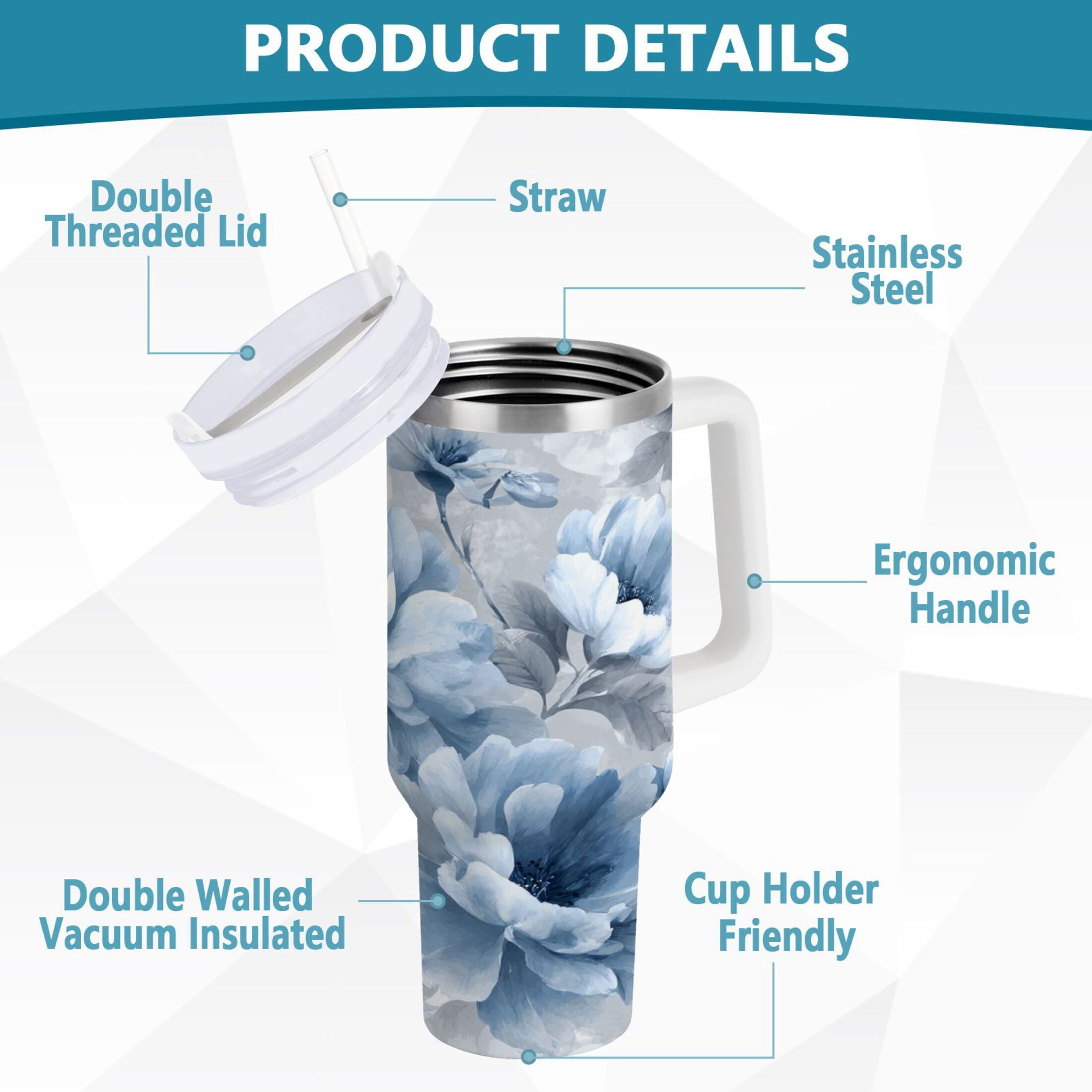 40 oz Insulated Stainless Steel Tumbler Double Wall Stainless Steel Tumbler with 2-Way Drinking White Floral Pattern LXOY