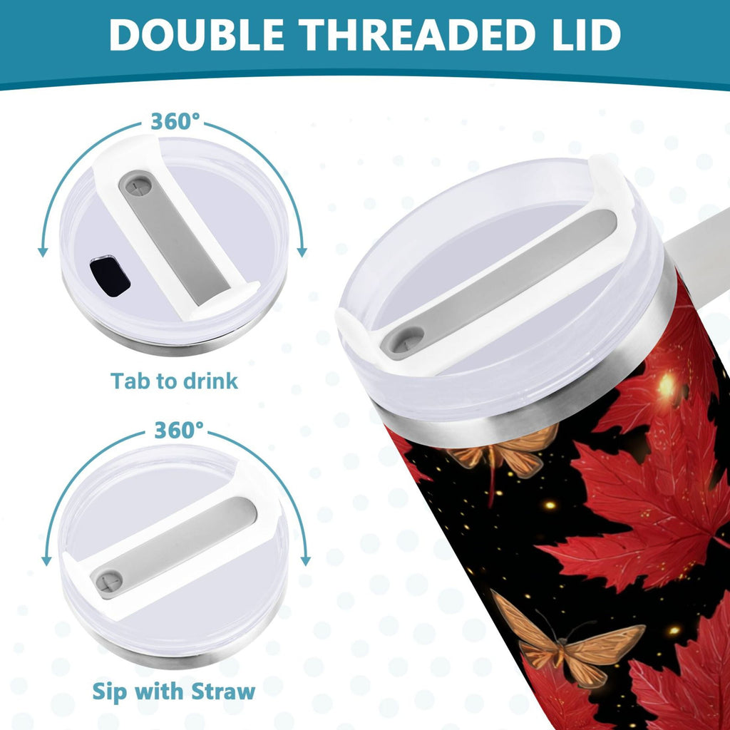 40 oz Insulated Stainless Steel Tumbler Double Wall Stainless Steel Tumbler with 2-Way Drinking Maple Leaves and Fireflies SA1A