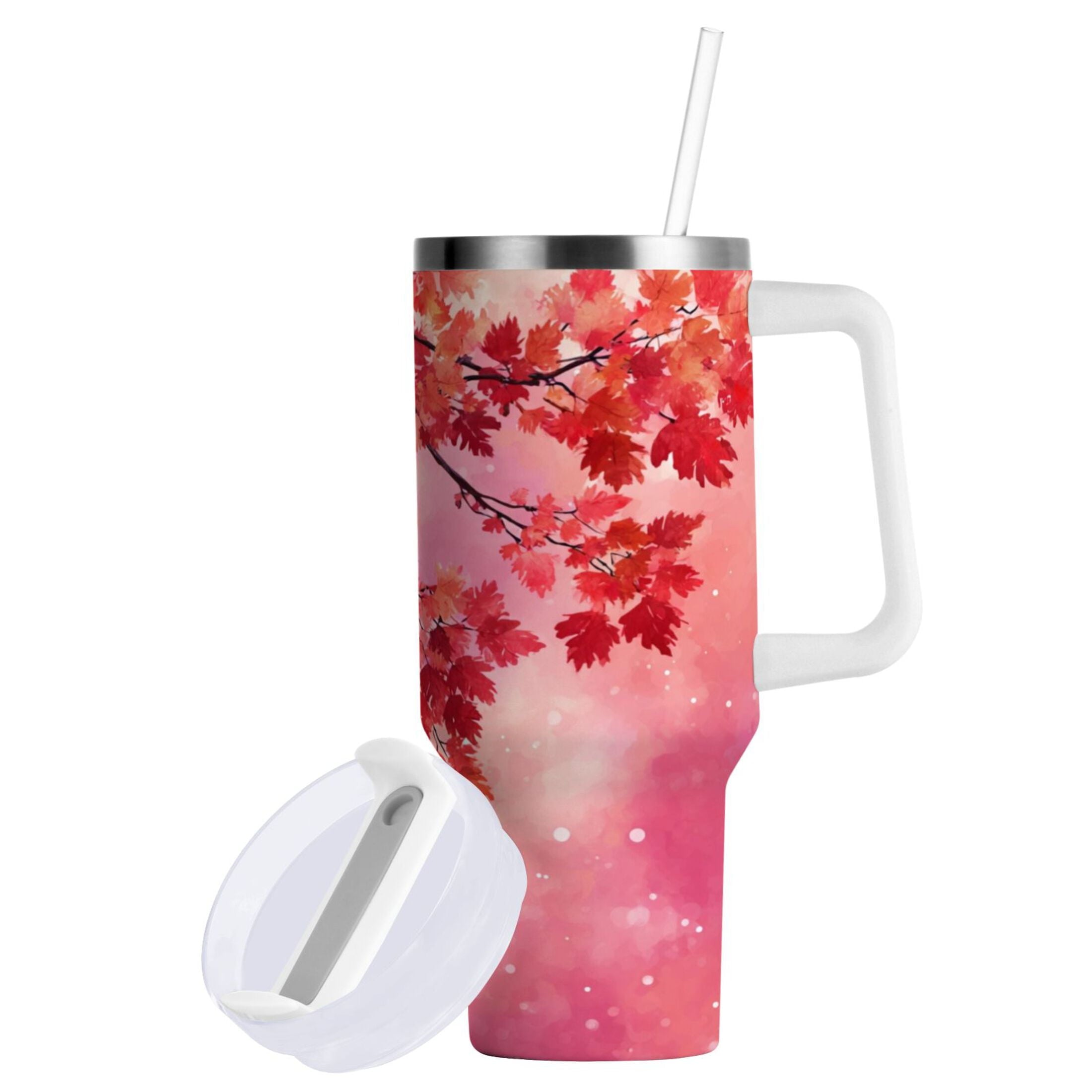 30 oz Insulated Stainless Steel Tumbler Double Wall Stainless Steel Tumbler with 2-Way Drinking Watercolor Red Maple Leaves COS4