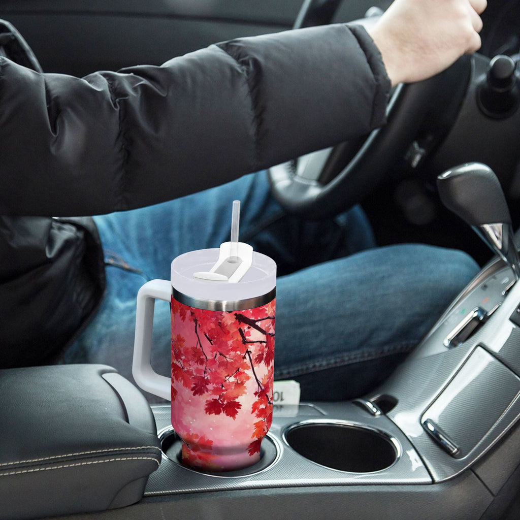 30 oz Insulated Stainless Steel Tumbler Double Wall Stainless Steel Tumbler with 2-Way Drinking Watercolor Red Maple Leaves COS4