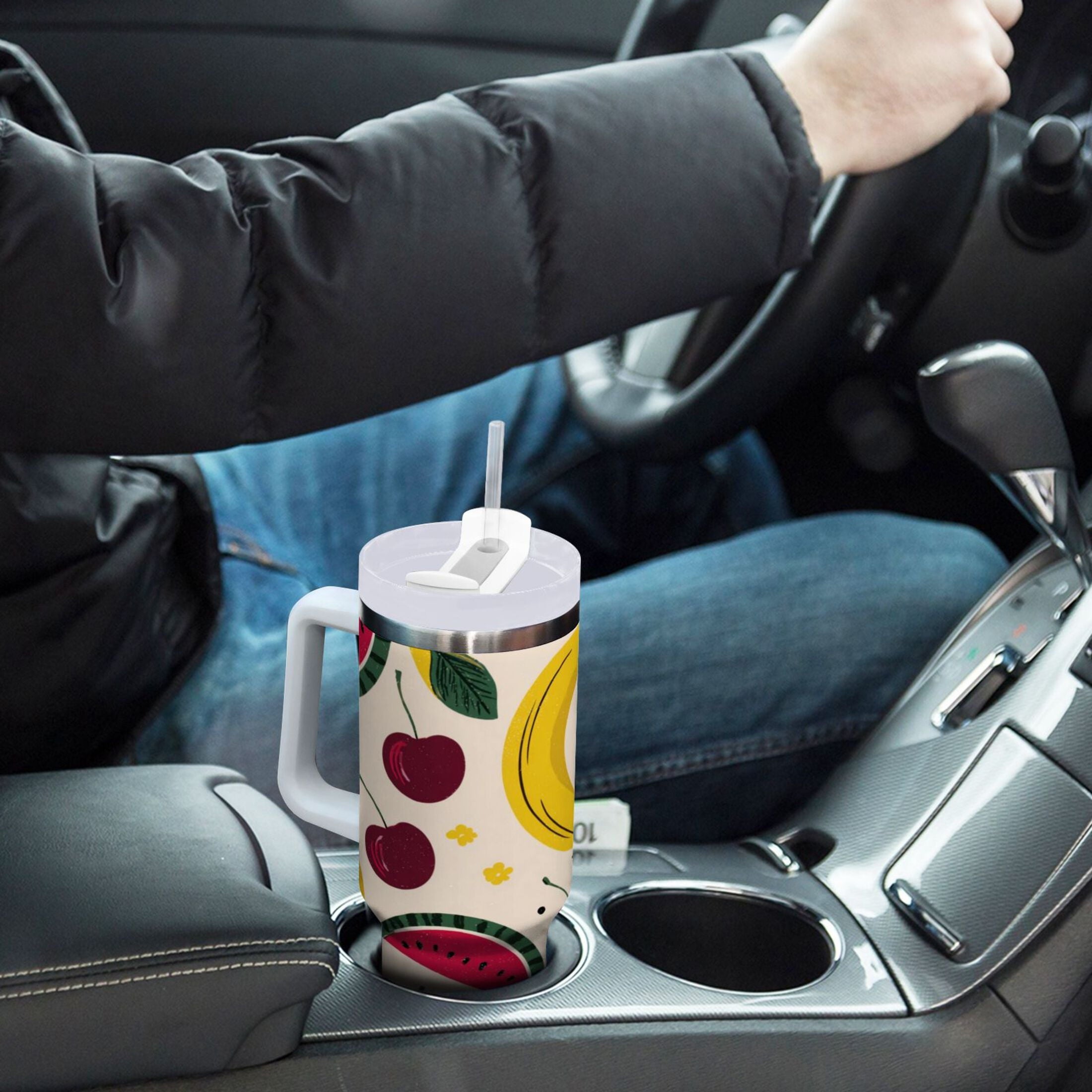 30 oz Insulated Stainless Steel Tumbler Double Wall Stainless Steel Tumbler with 2-Way Drinking Watermelon and Cherries EDV0