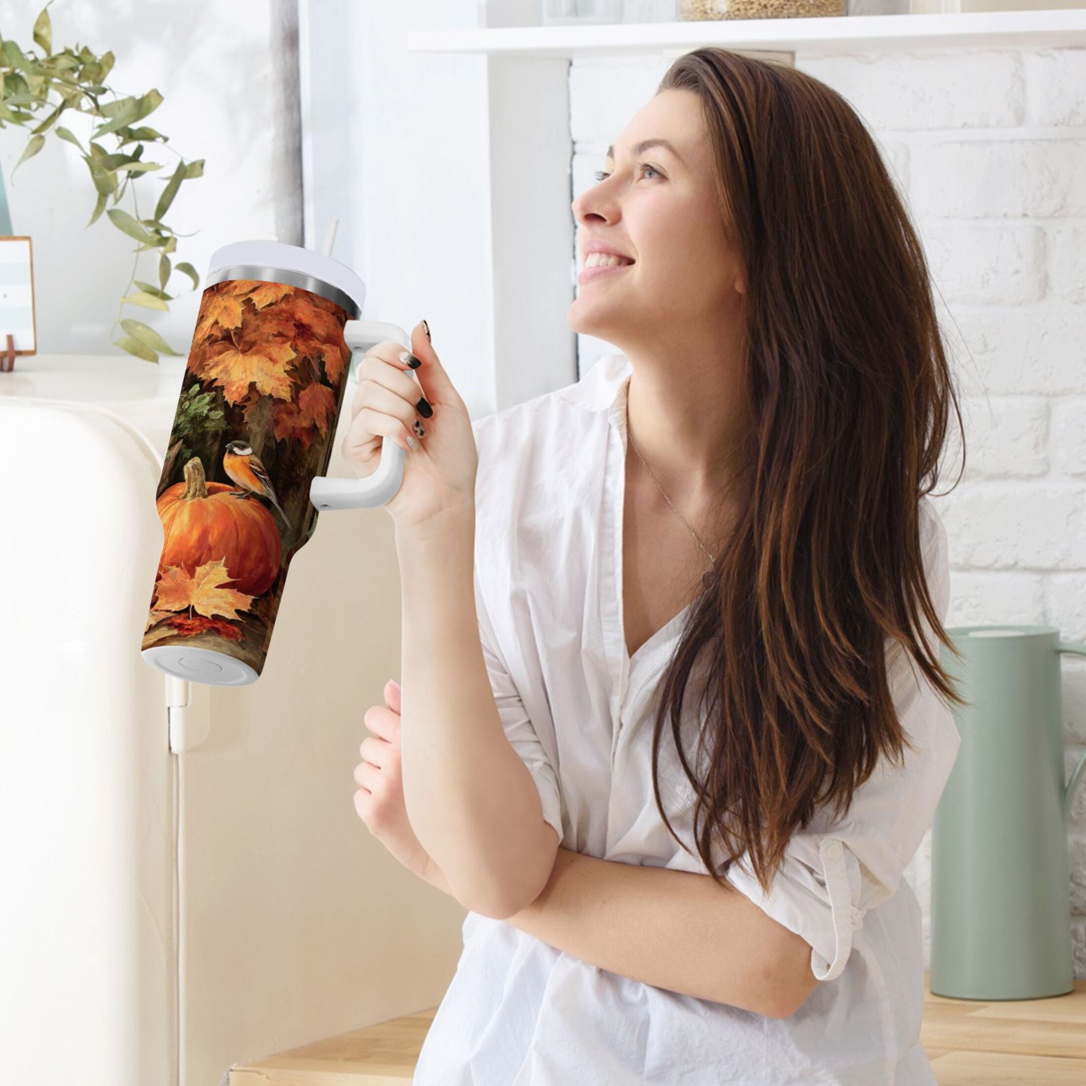 30 oz Insulated Stainless Steel Tumbler Double Wall Stainless Steel Tumbler with 2-Way Drinking Beautiful Fall Scene CN9K