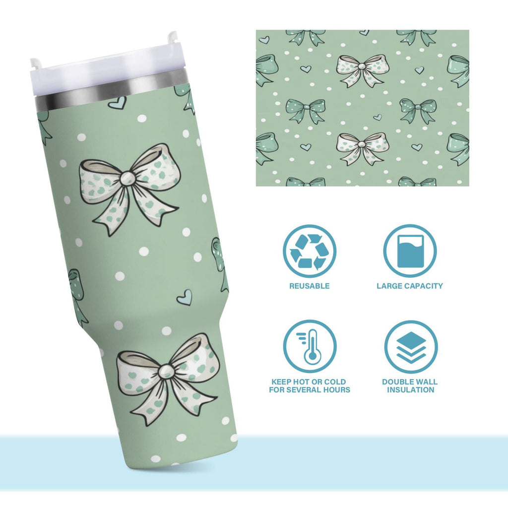 30 oz Insulated Stainless Steel Tumbler Double Wall Stainless Steel Tumbler with 2-Way Drinking Green and Mint Bows ISJ6