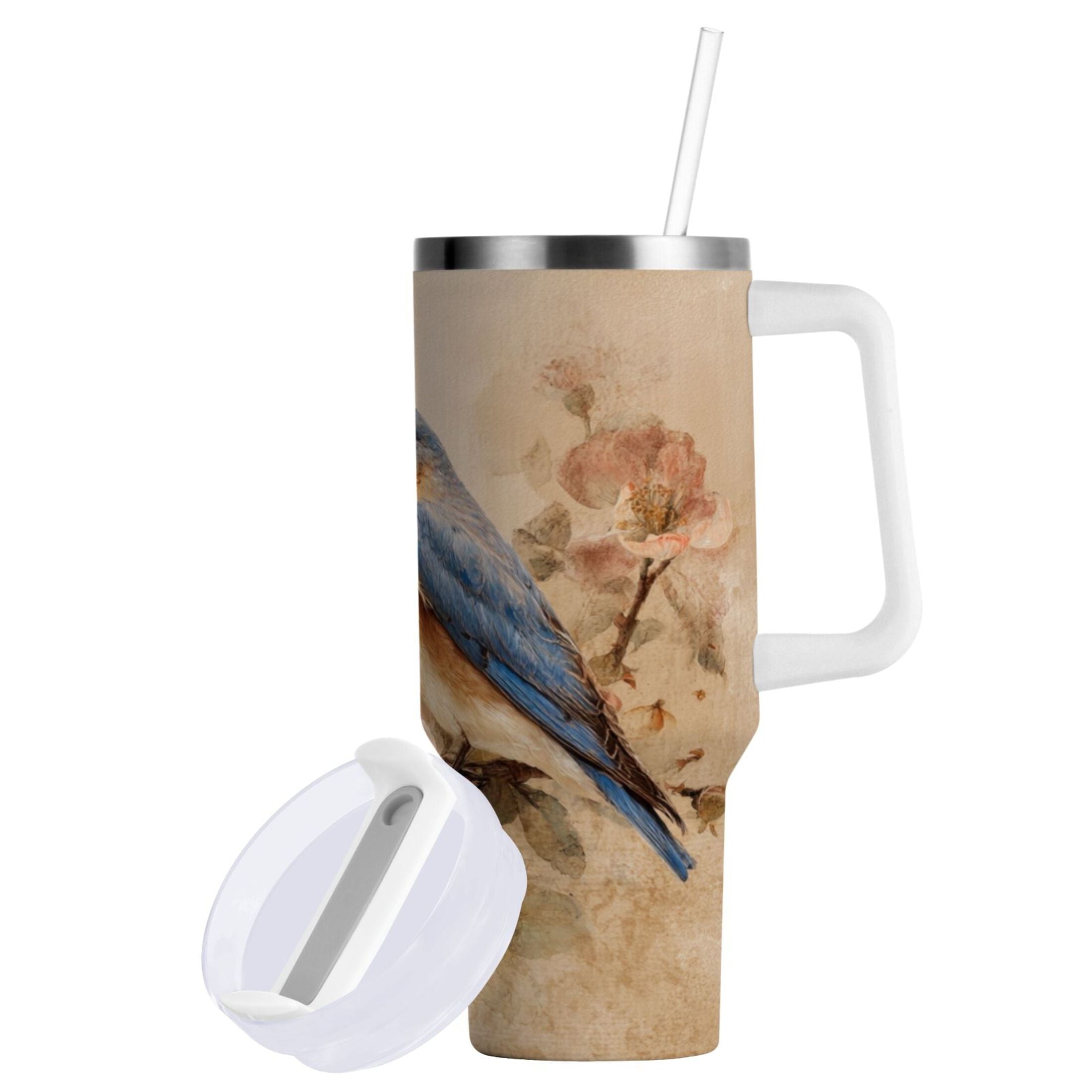 40 oz Insulated Stainless Steel Tumbler Double Wall Stainless Steel Tumbler with 2-Way Drinking Bluebird and Ancient Flowers R84G