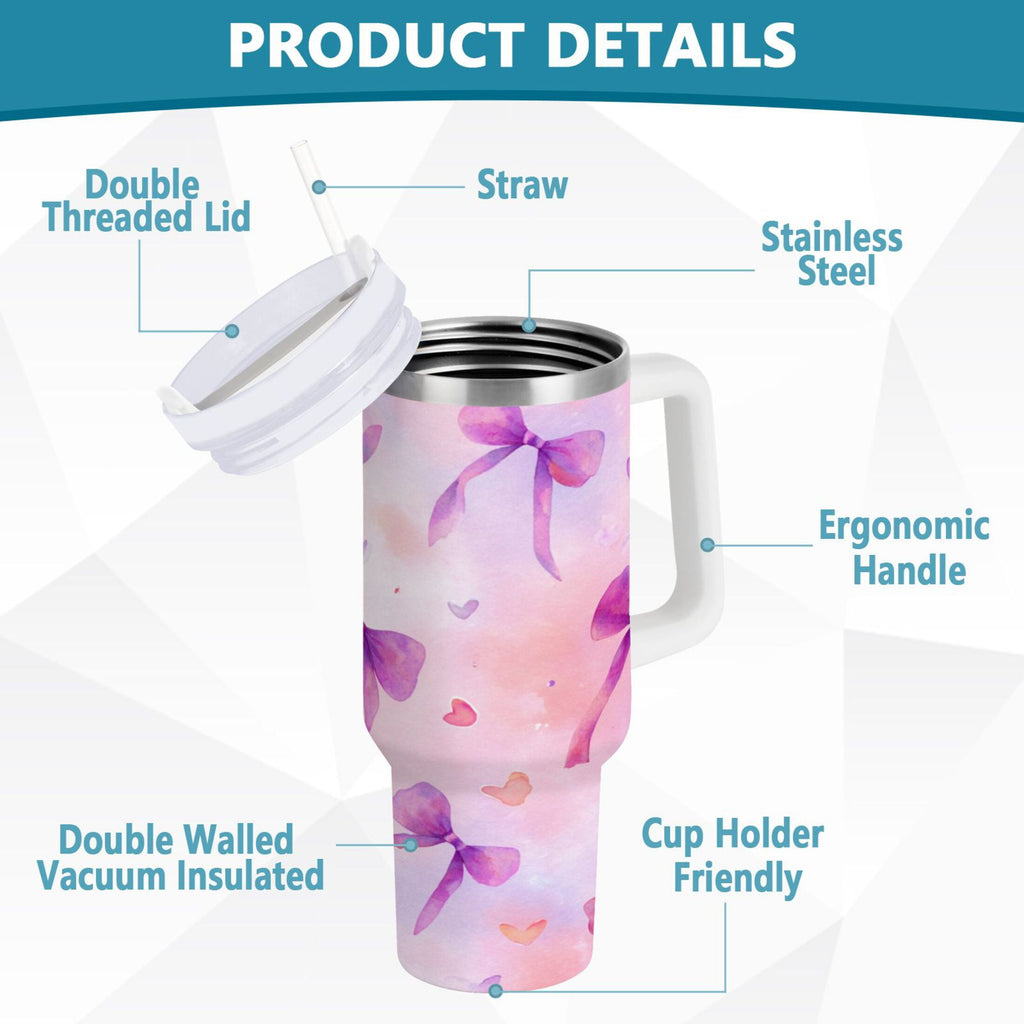 30 oz Insulated Stainless Steel Tumbler Double Wall Stainless Steel Tumbler with 2-Way Drinking Watercolor Purple Bows 8FWE