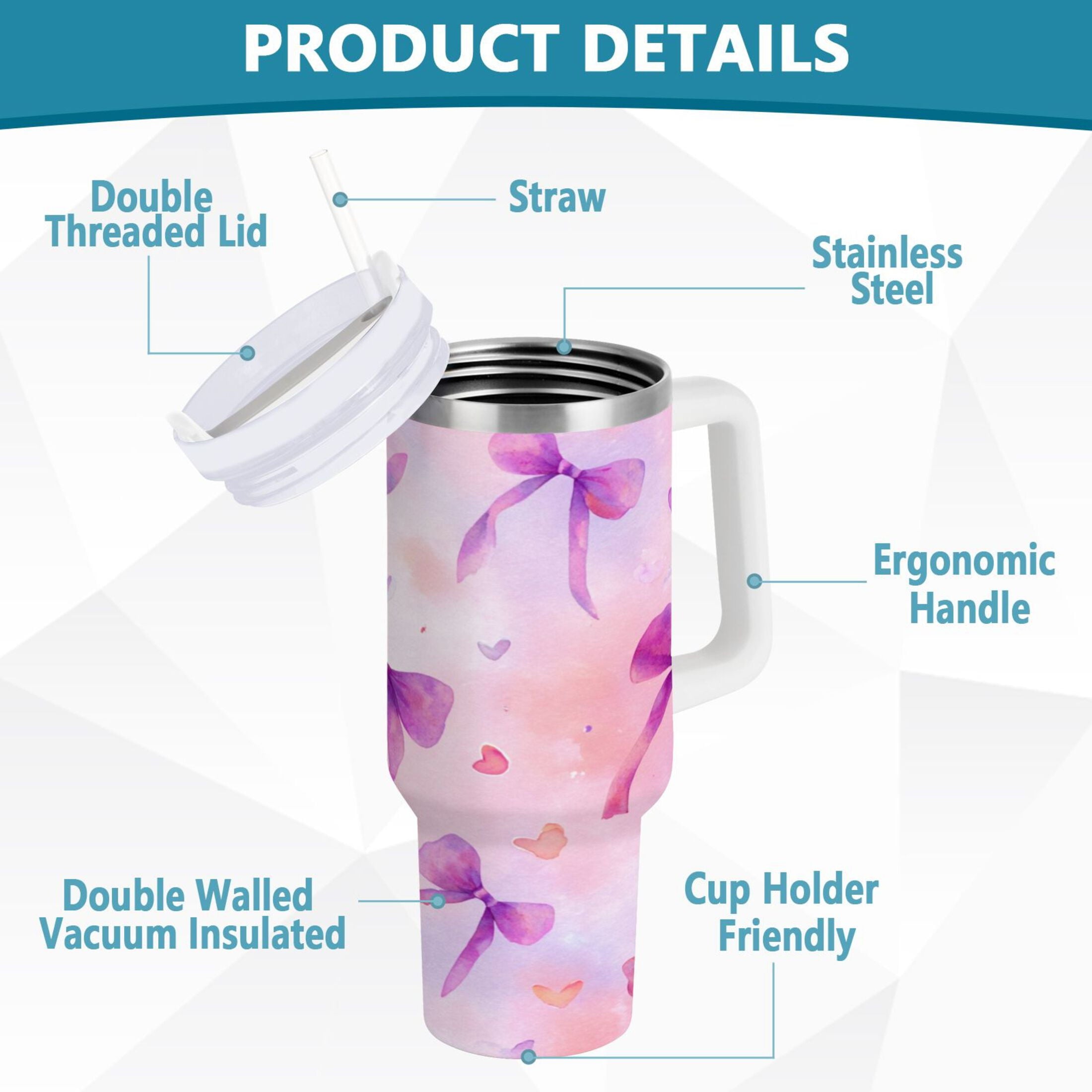 30 oz Insulated Stainless Steel Tumbler Double Wall Stainless Steel Tumbler with 2-Way Drinking Watercolor Purple Bows 8FWE