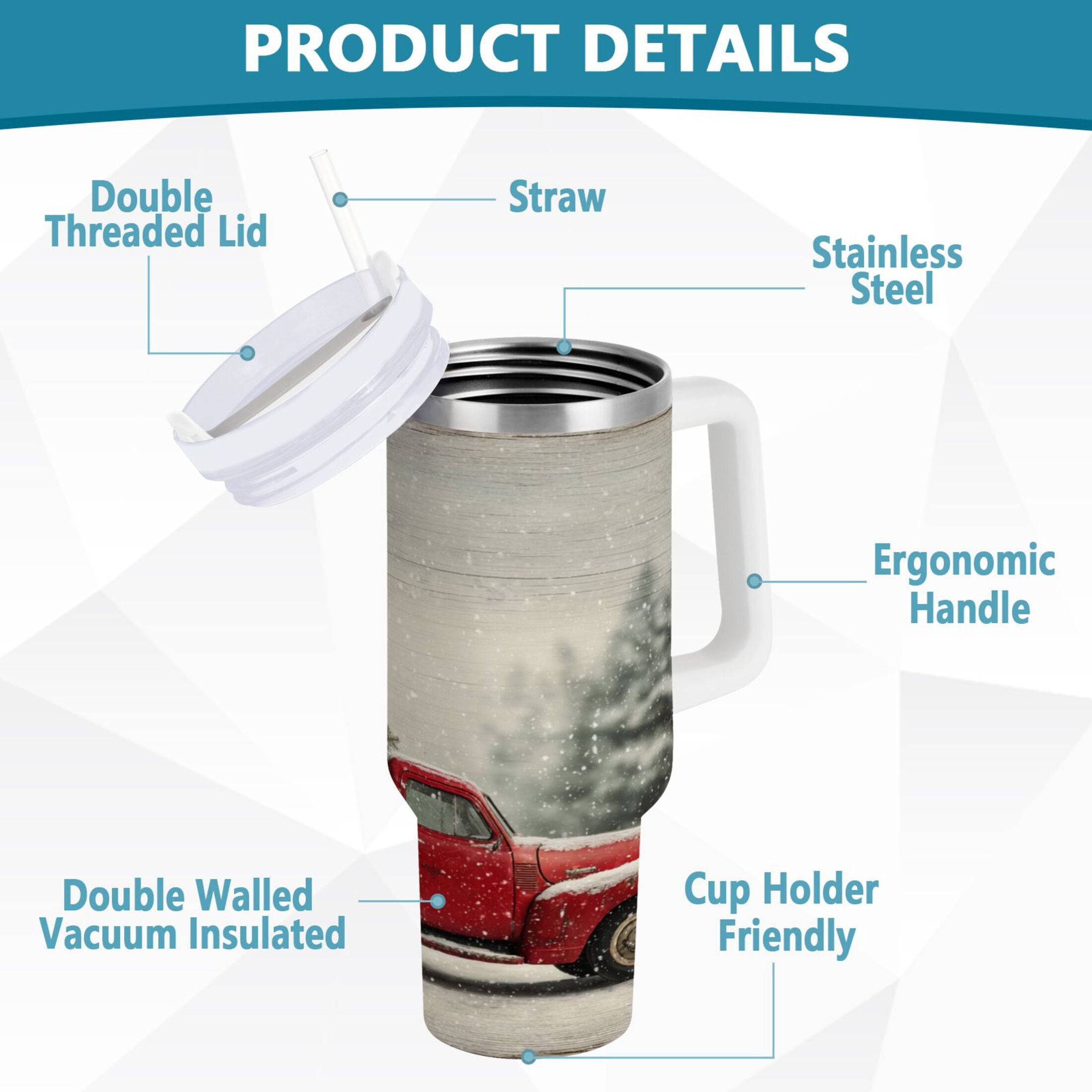40 oz Insulated Stainless Steel Tumbler Double Wall Stainless Steel Tumbler with 2-Way Drinking Vintage Red Truck 67ID