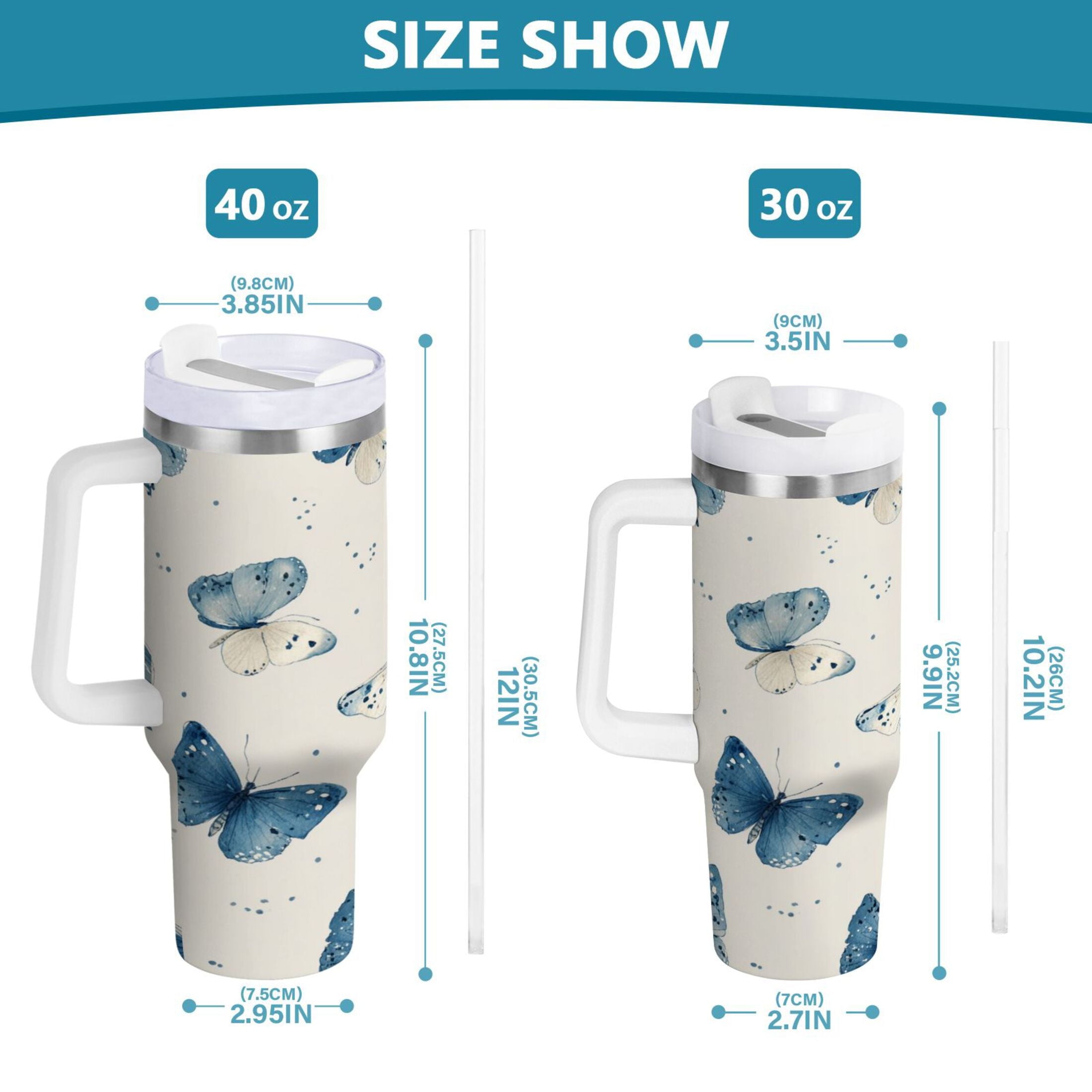 30 oz Insulated Stainless Steel Tumbler Double Wall Stainless Steel Tumbler with 2-Way Drinking Blue Watercolor Butterflies UQ86