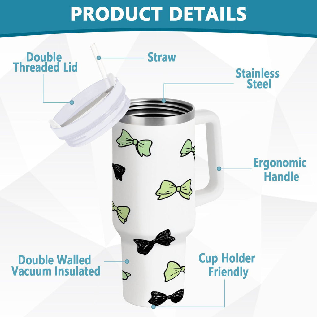 40 oz Insulated Stainless Steel Tumbler Double Wall Stainless Steel Tumbler with 2-Way Drinking Green and Black Bows YWII