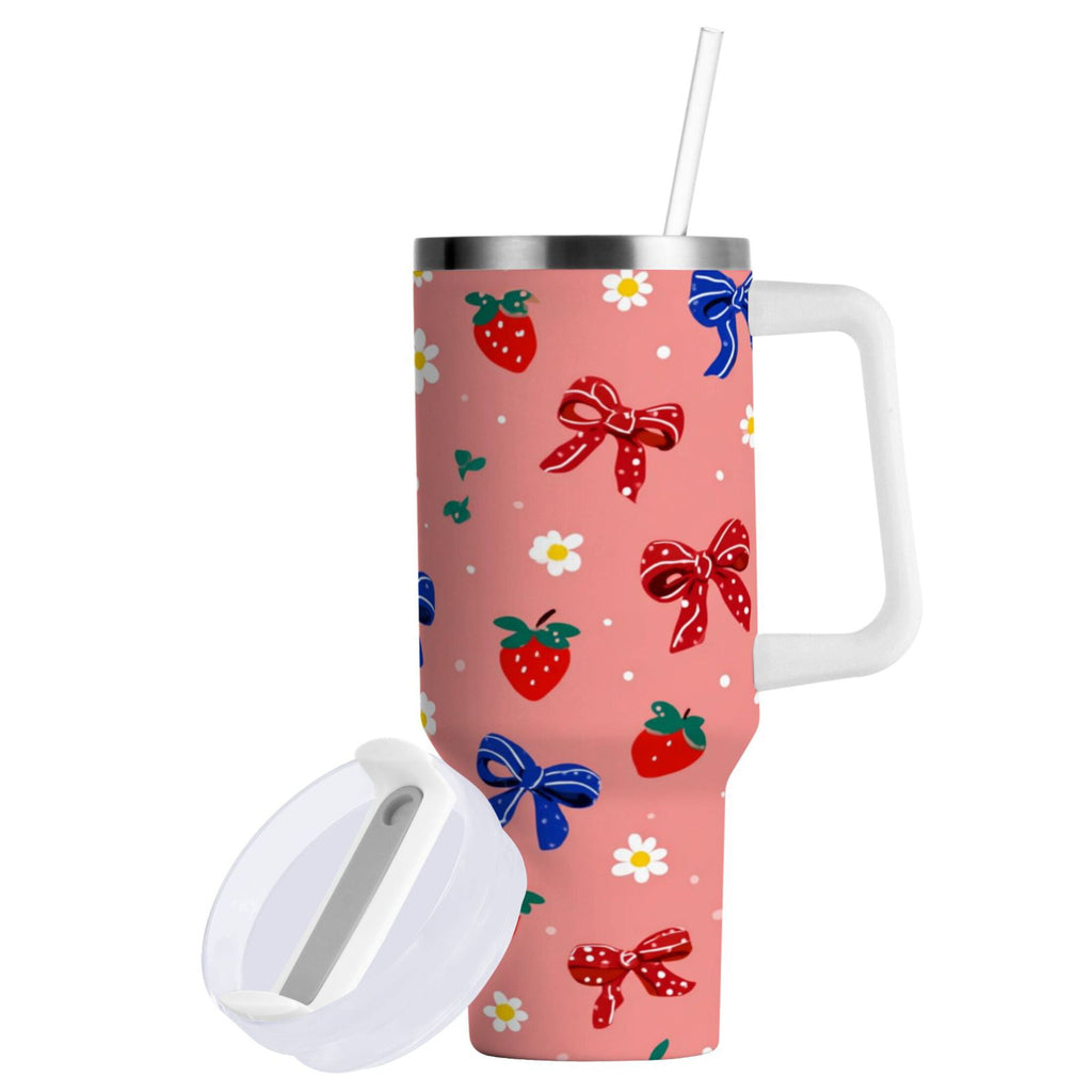 40 oz Insulated Stainless Steel Tumbler Double Wall Stainless Steel Tumbler with 2-Way Drinking Bows and Strawberries Pattern E9AK