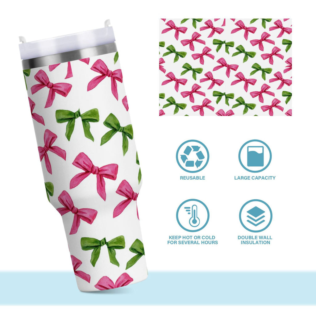 30 oz Insulated Stainless Steel Tumbler Double Wall Stainless Steel Tumbler with 2-Way Drinking Pink Bows and Green Ribbons QIXB