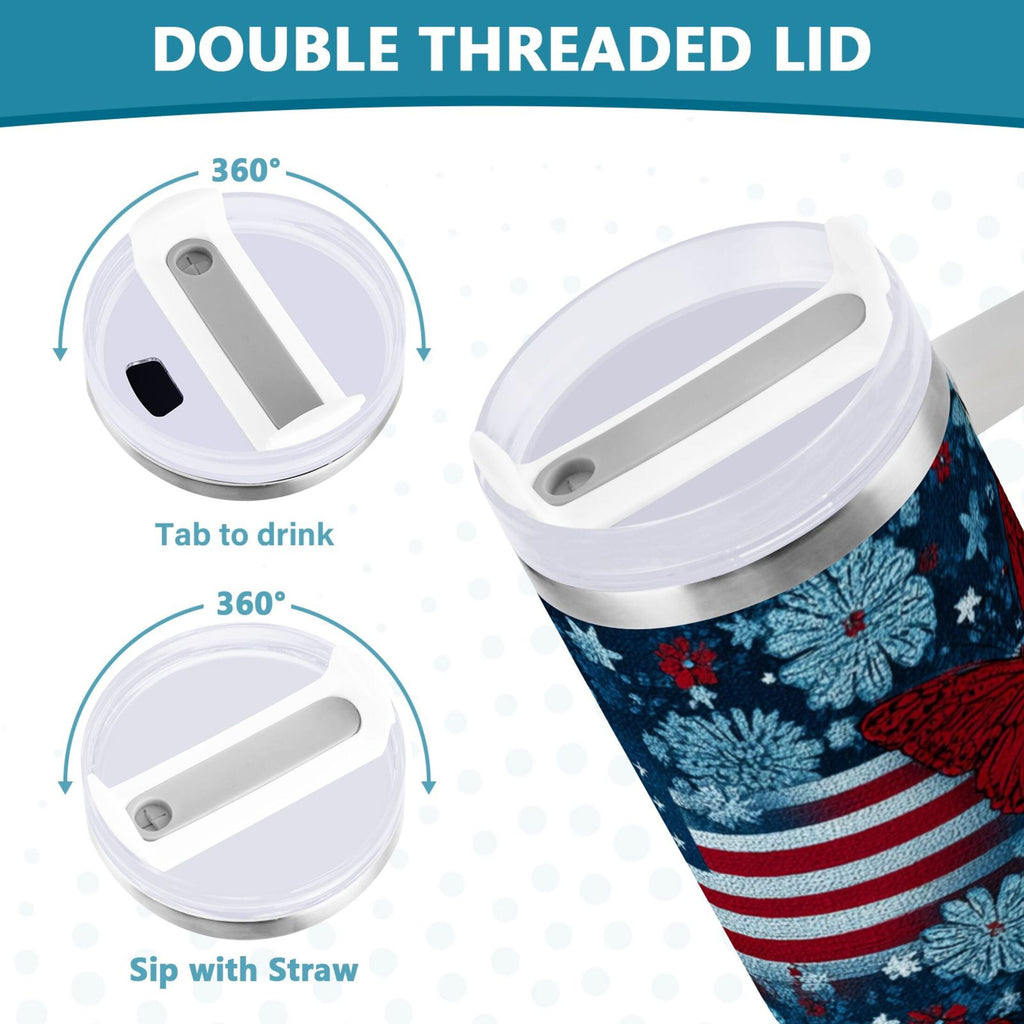 30 oz Insulated Stainless Steel Tumbler Double Wall Stainless Steel Tumbler with 2-Way Drinking Red Butterflies and Flags YLXE