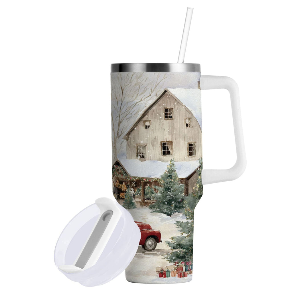 40 oz Insulated Stainless Steel Tumbler Double Wall Stainless Steel Tumbler with 2-Way Drinking Farm Snow Scene T8KK