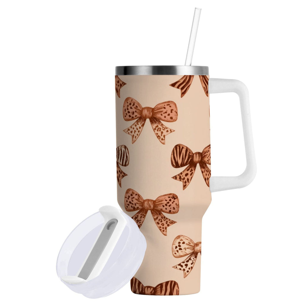40 oz Insulated Stainless Steel Tumbler Double Wall Stainless Steel Tumbler with 2-Way Drinking Leopard Print Bow 6MEA