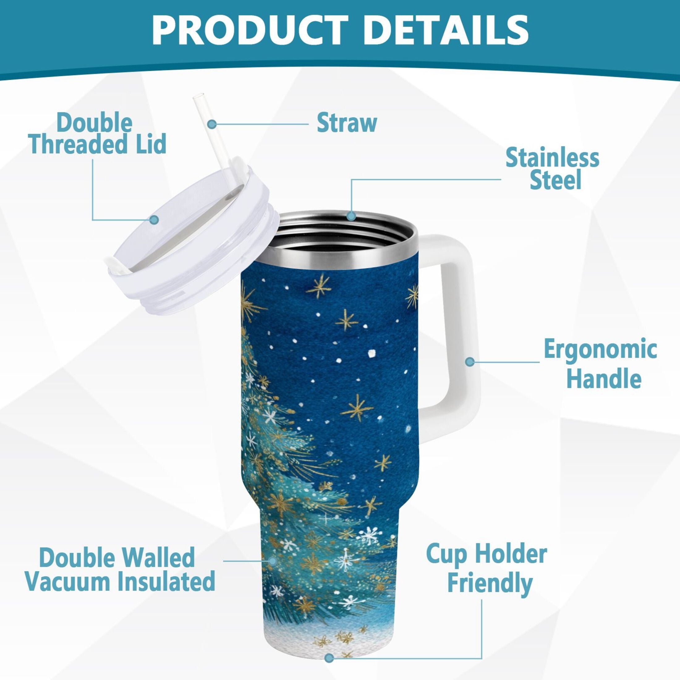 40 oz Insulated Stainless Steel Tumbler Double Wall Stainless Steel Tumbler with 2-Way Drinking Watercolor Christmas Tree B2X3