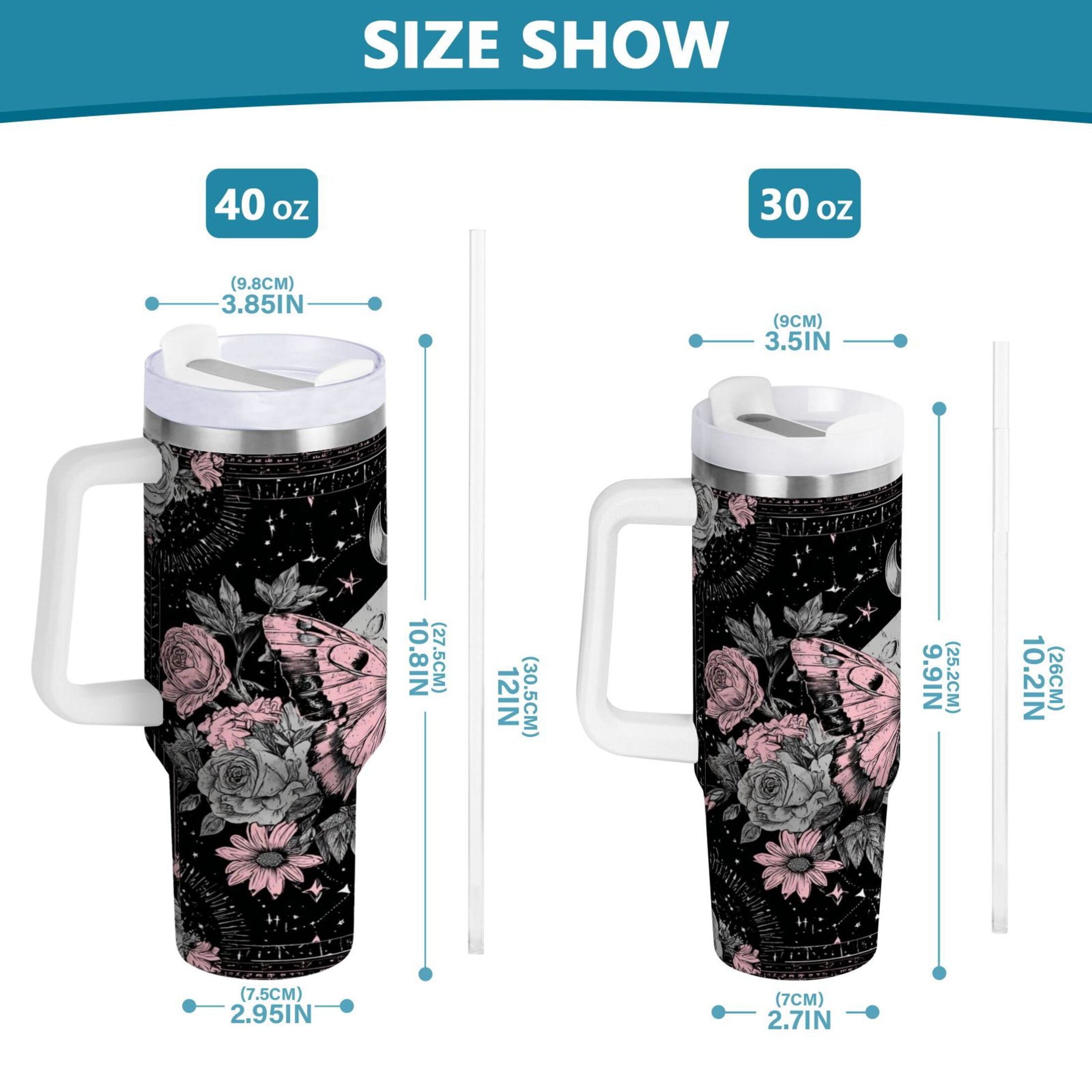 30 oz Insulated Stainless Steel Tumbler Double Wall Stainless Steel Tumbler with 2-Way Drinking Butterfly by Moon and Flowers 8DPL