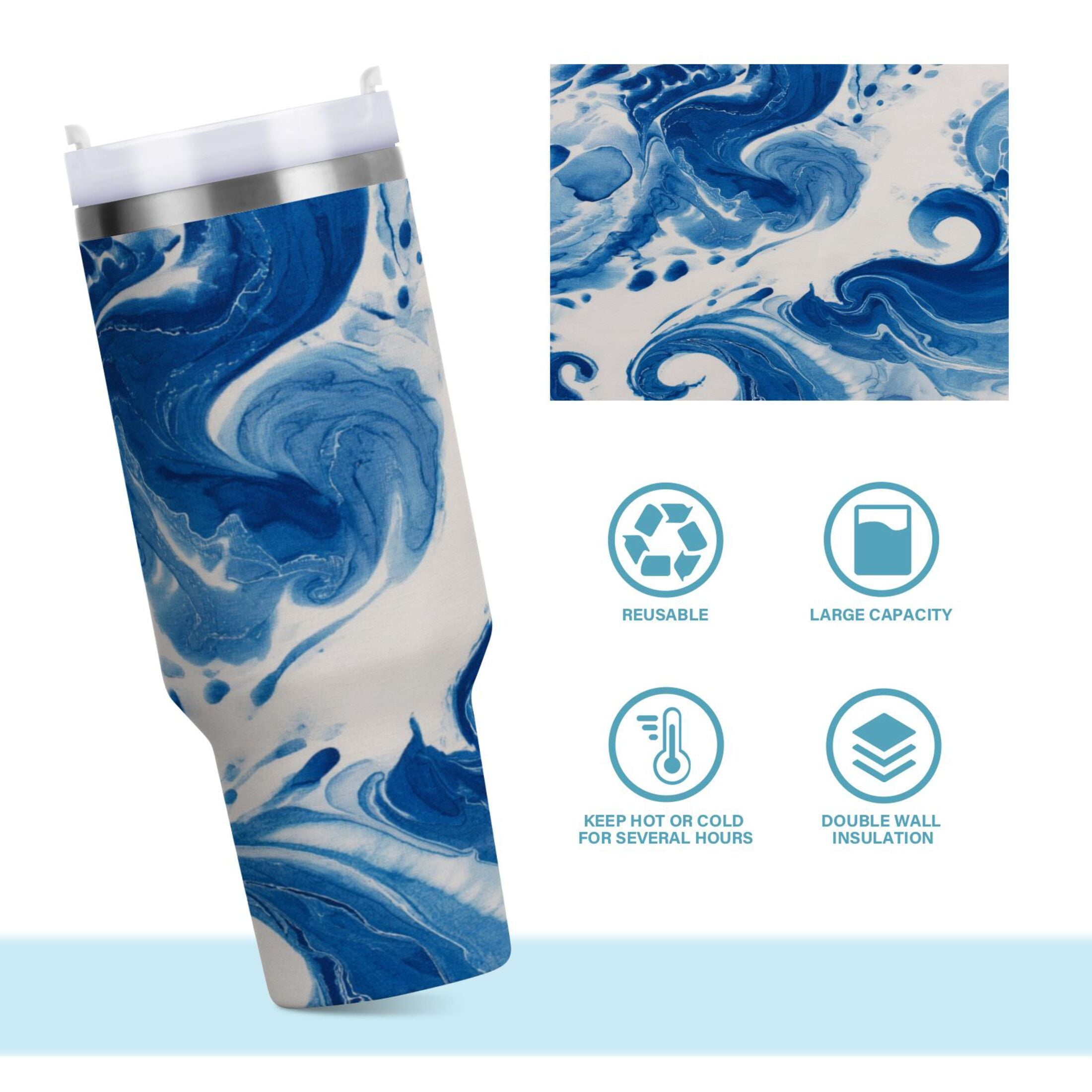 40 oz Insulated Stainless Steel Tumbler Double Wall Stainless Steel Tumbler with 2-Way Drinking Indigo Blue Tie-dye Pattern 12BO