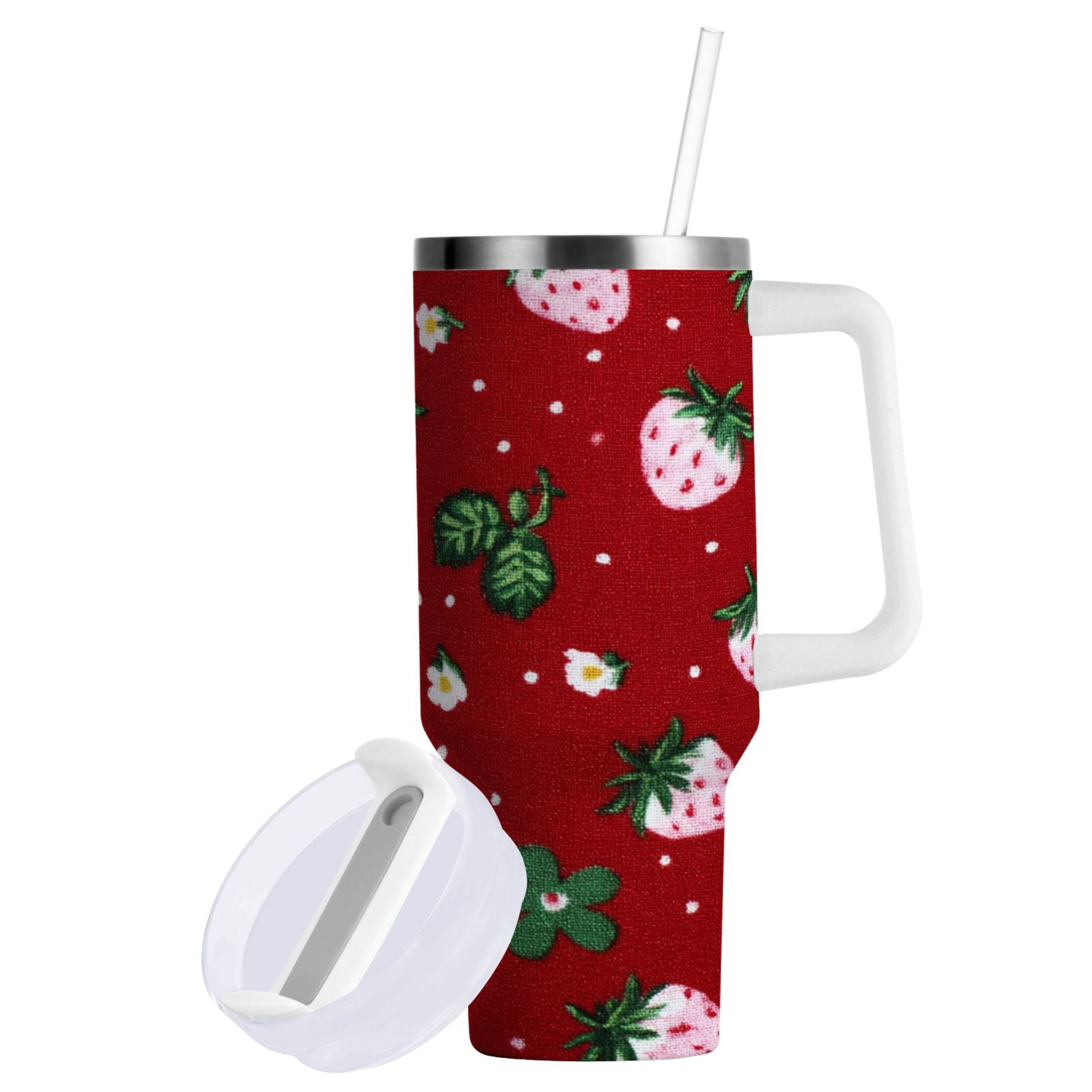 30 oz Insulated Stainless Steel Tumbler Double Wall Stainless Steel Tumbler with 2-Way Drinking Cute Pink Strawberry Pattern FMF0