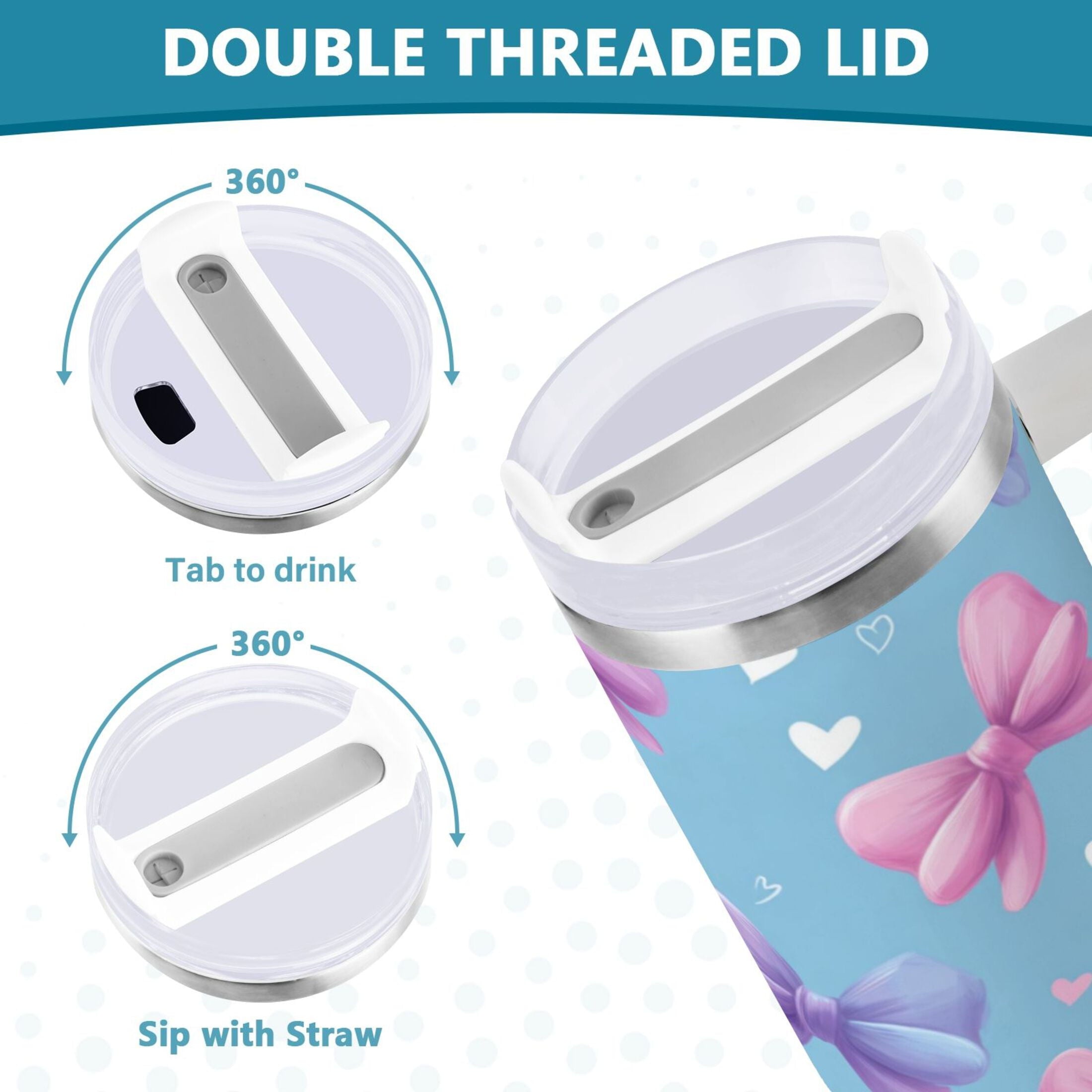 30 oz Insulated Stainless Steel Tumbler Double Wall Stainless Steel Tumbler with 2-Way Drinking Pink and Purple Bows 2NBM
