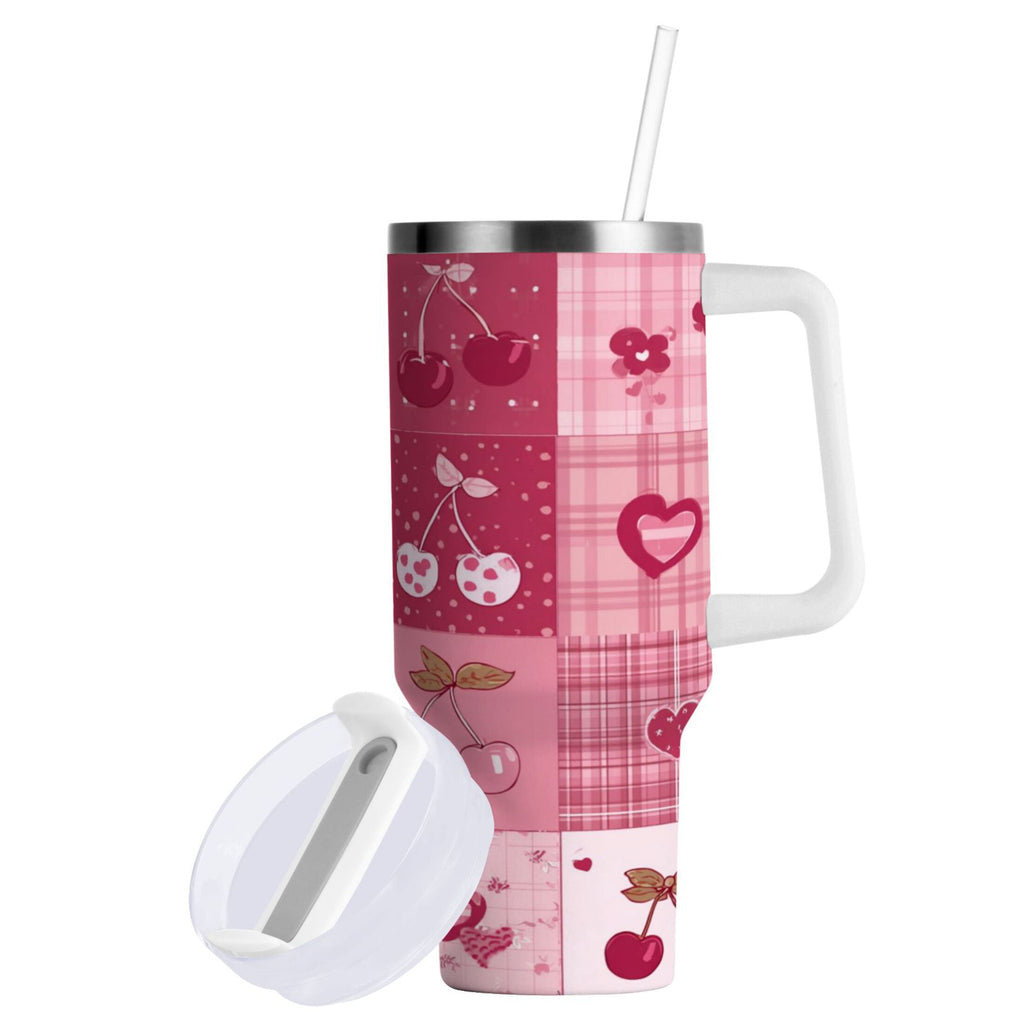 30 oz Insulated Stainless Steel Tumbler Double Wall Stainless Steel Tumbler with 2-Way Drinking Cherry Pattern with Bows 6QVE